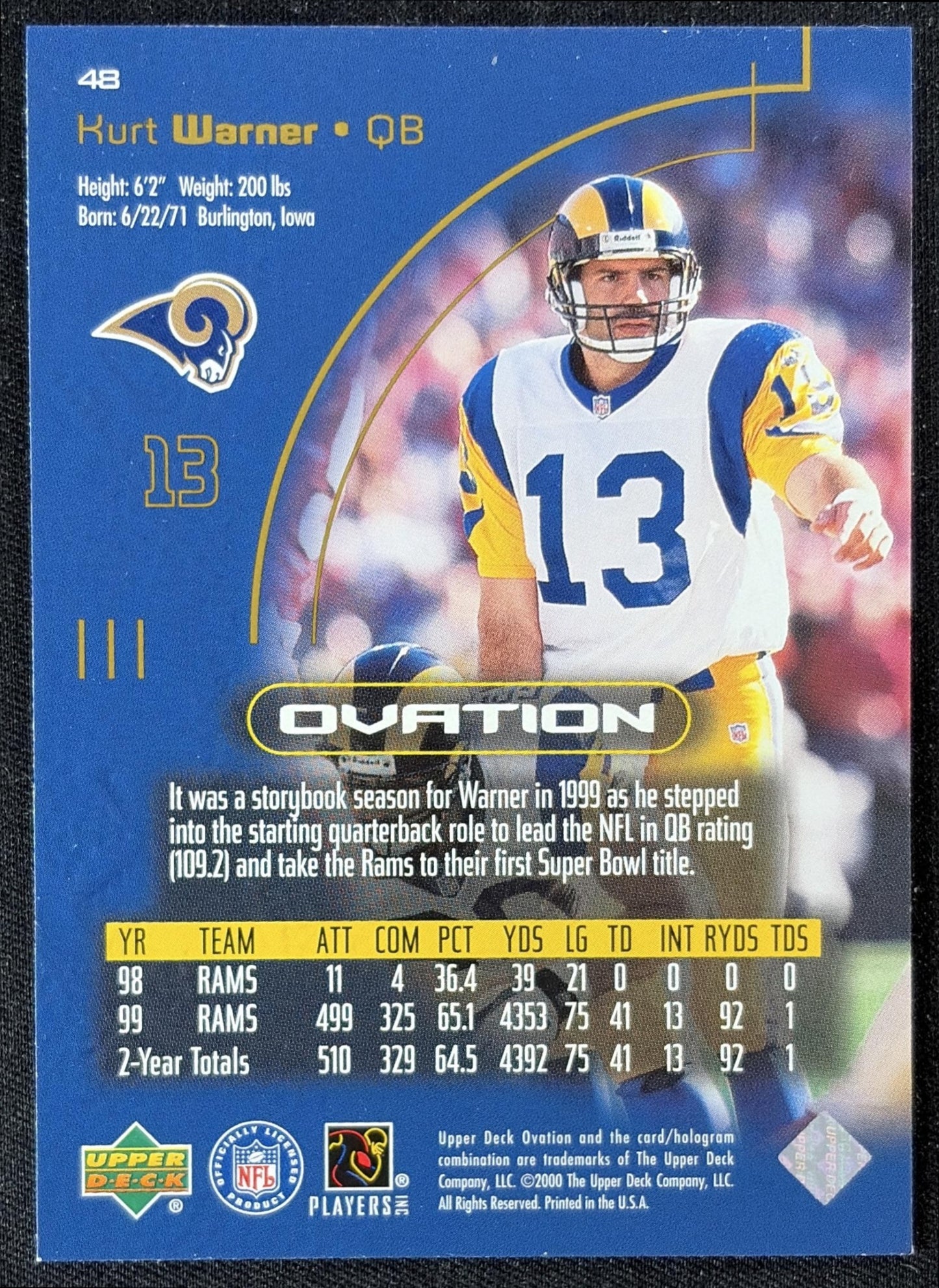 Kurt Warner 2000 Upper Deck Ovation Rams