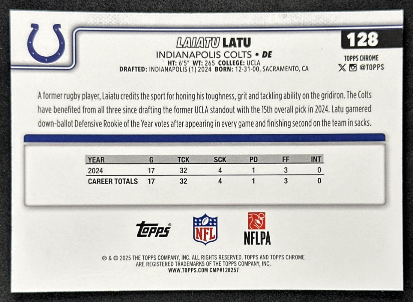 Laiatu Latu 2025 Topps Chrome Pulsar Refractor Colts
