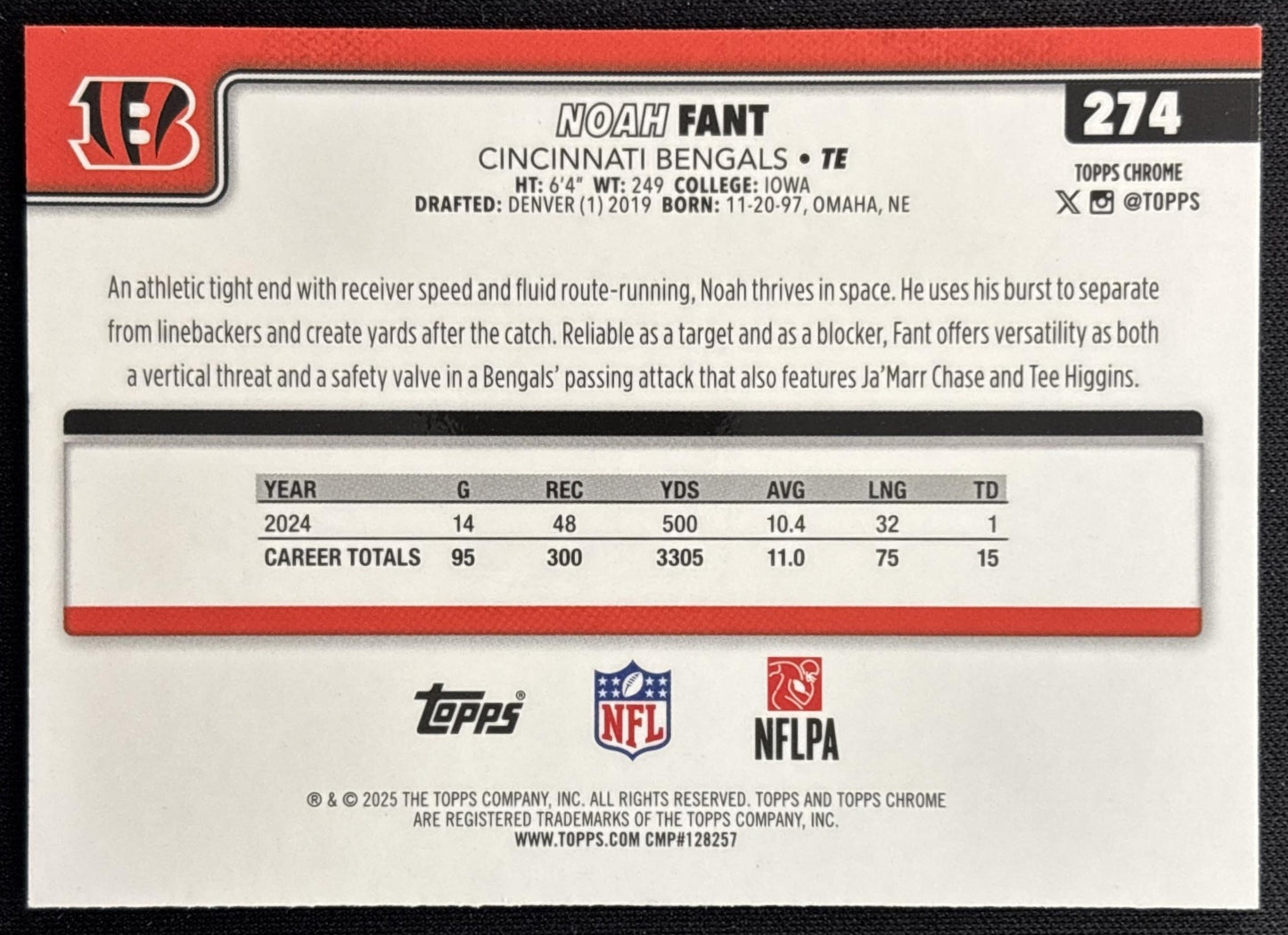 Noah Fant 2025 Topps Chrome Green Wave Refractor /99 Bengals Sports Trading Card