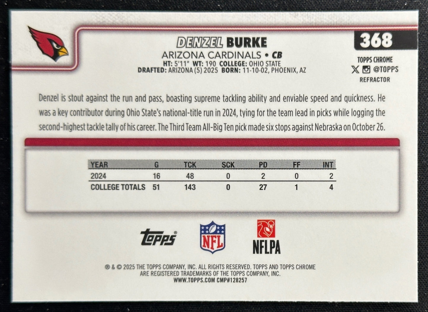 Denzel Burke 2025 Topps Chrome Rookie Refractor Cardinals Sports Trading Cards