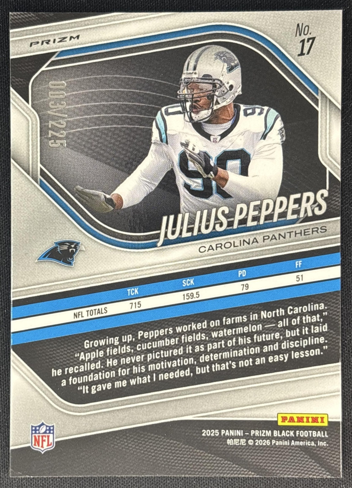 Julius Peppers 2025 Panini Prizm Black Football /225 Panthers back
