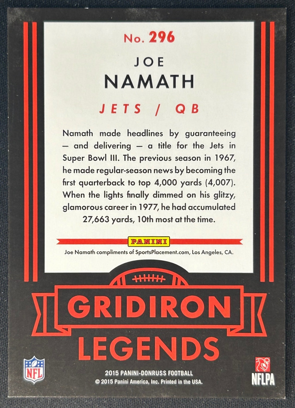 Joe Namath 2015 Donruss Stat Line Season /286 Jets - back