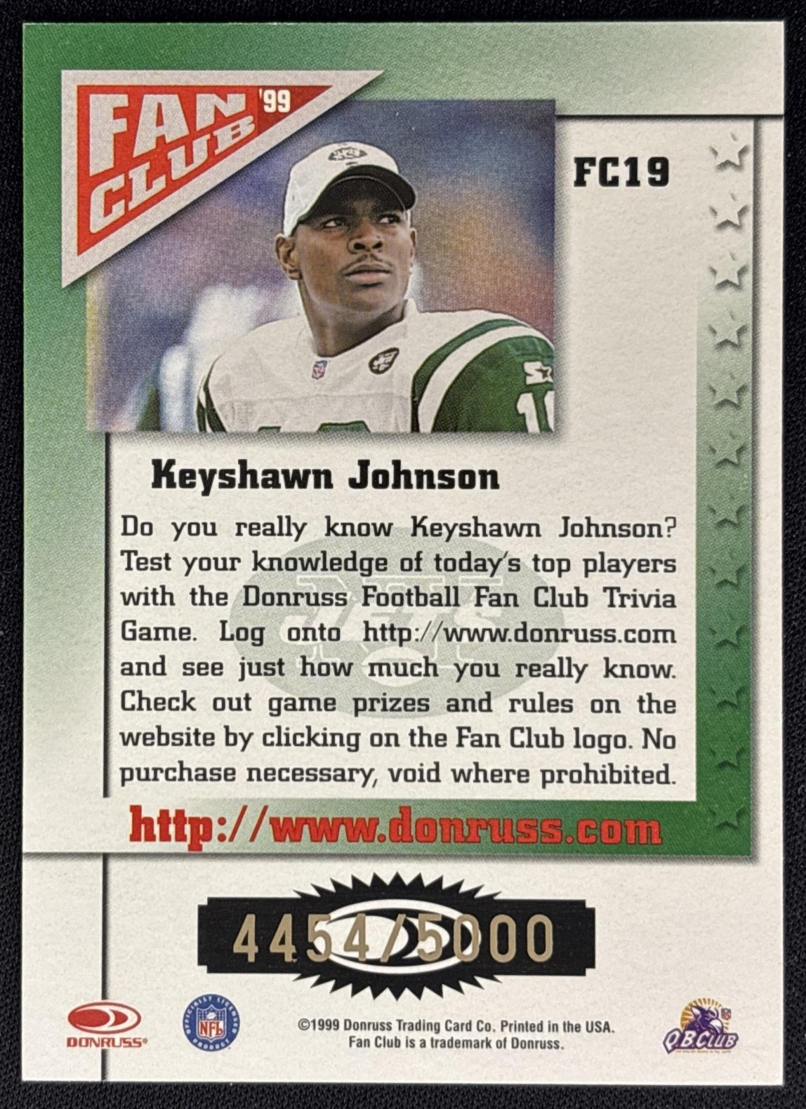 Keyshawn Johnson 1999 Donruss Fan Club Gold /5000 Jets back