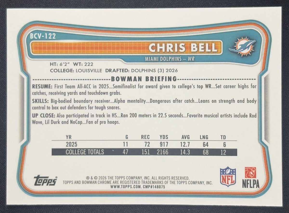 Chris Bell 2026 Bowman Chrome NFL Mojo Refractor Dolphins