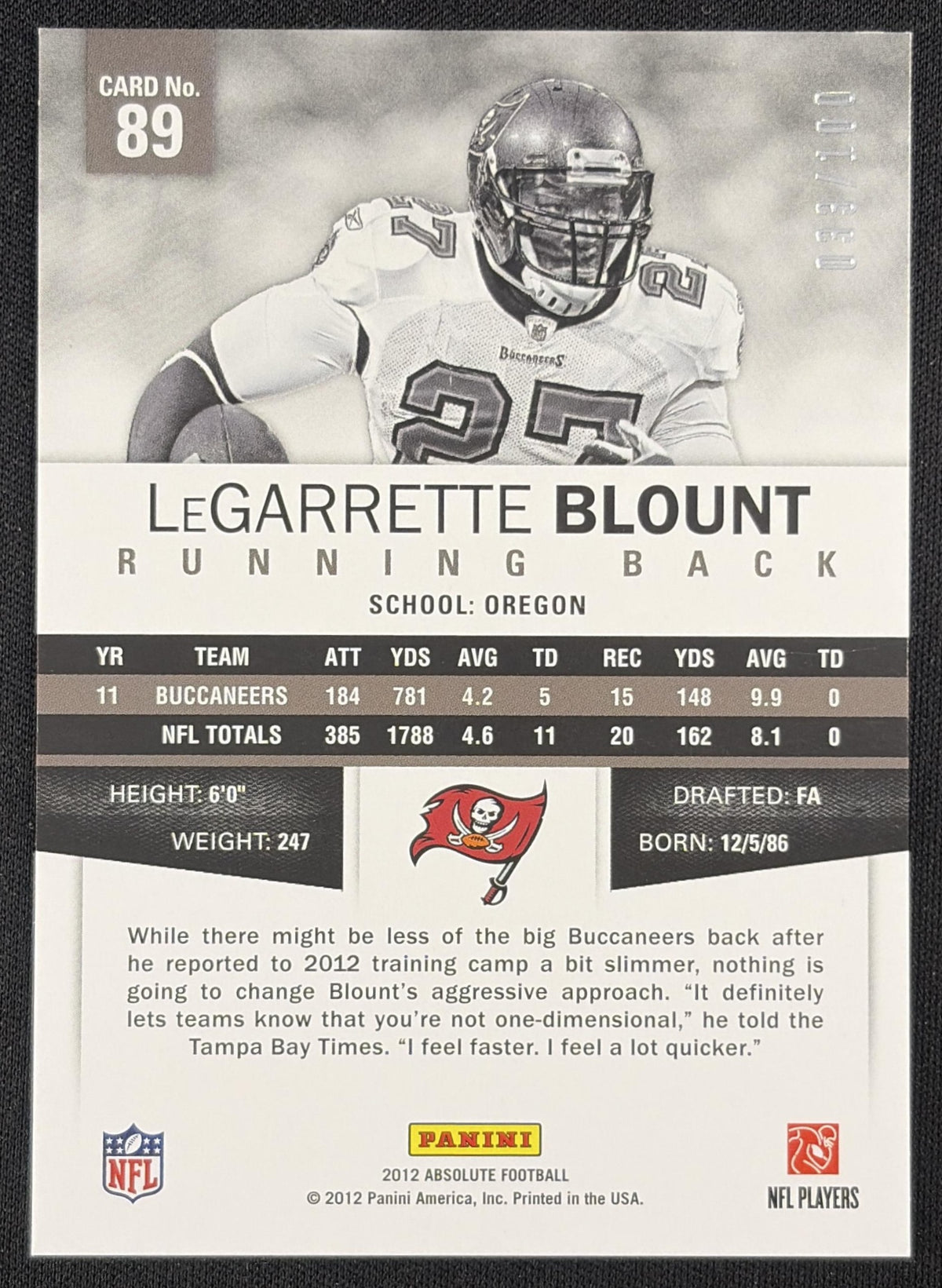 LeGarrette Blount 2012 Panini Absolute Spectrum Blue /100 Buccaneers