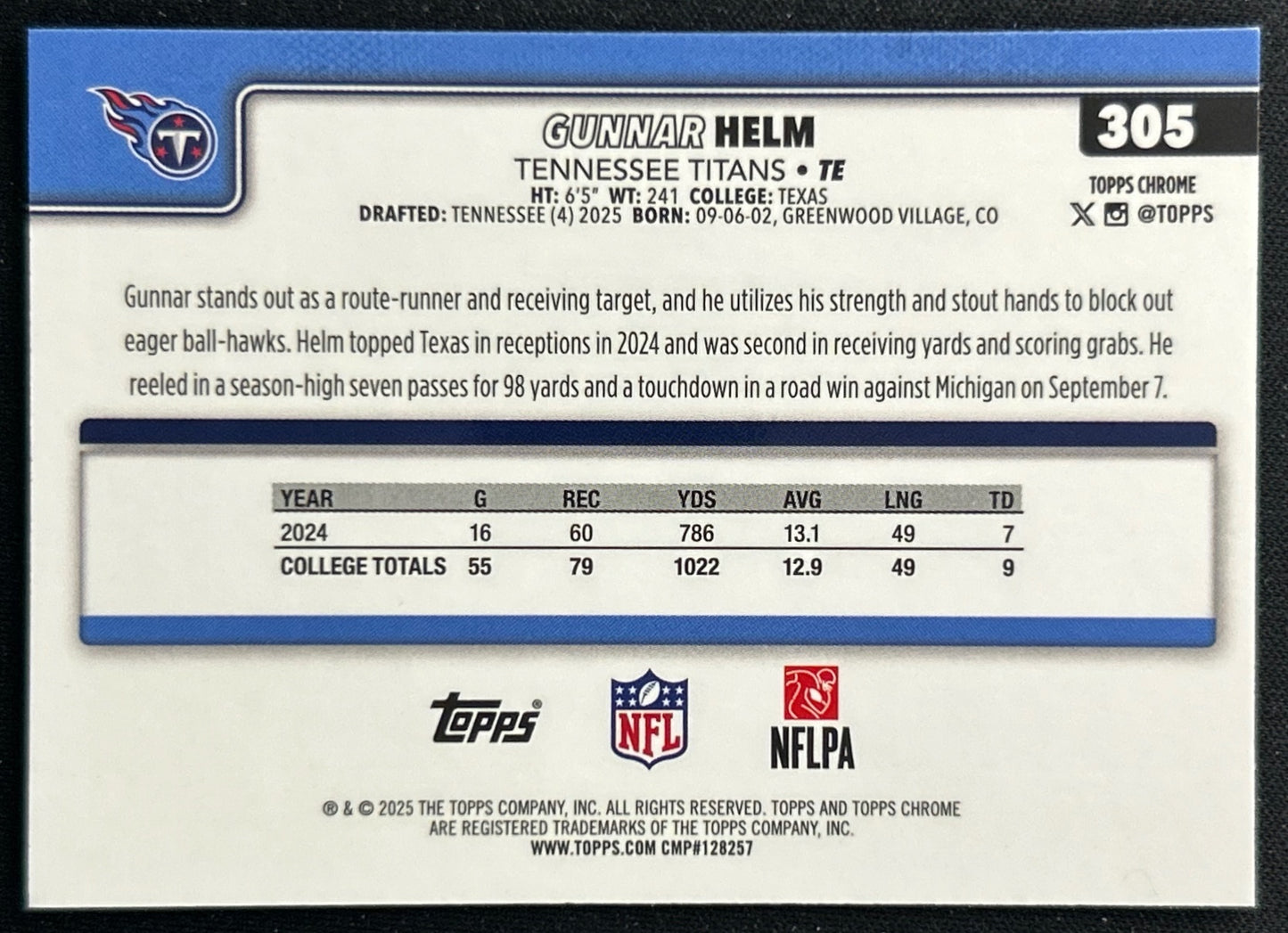 Gunnar Helm 2025 Topps Chrome Rookie Titans Sports Trading Cards