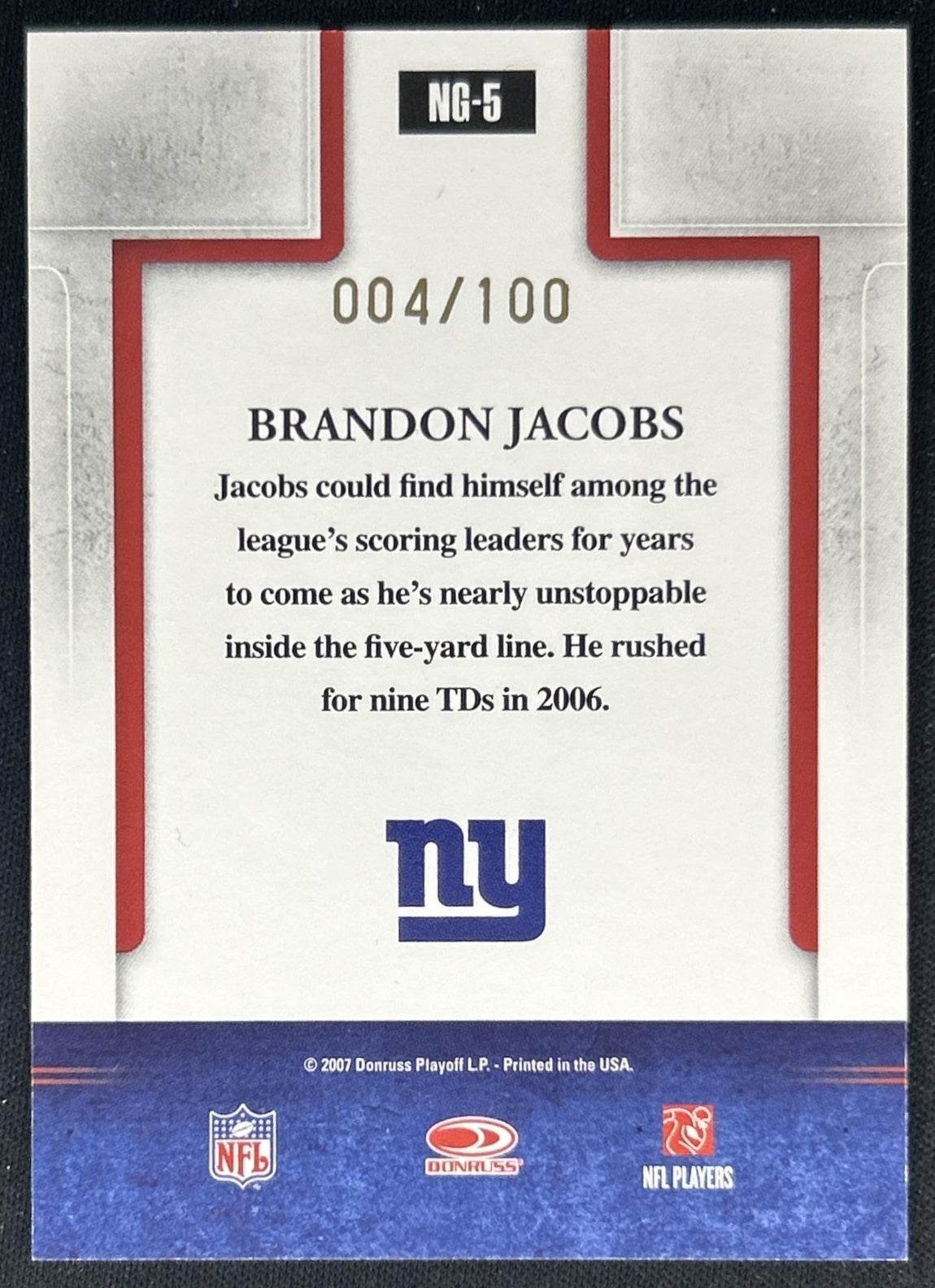 Brandon Jacobs 2007 Gridiron Gear Next Generation Gold Holofoil /100 Giants back