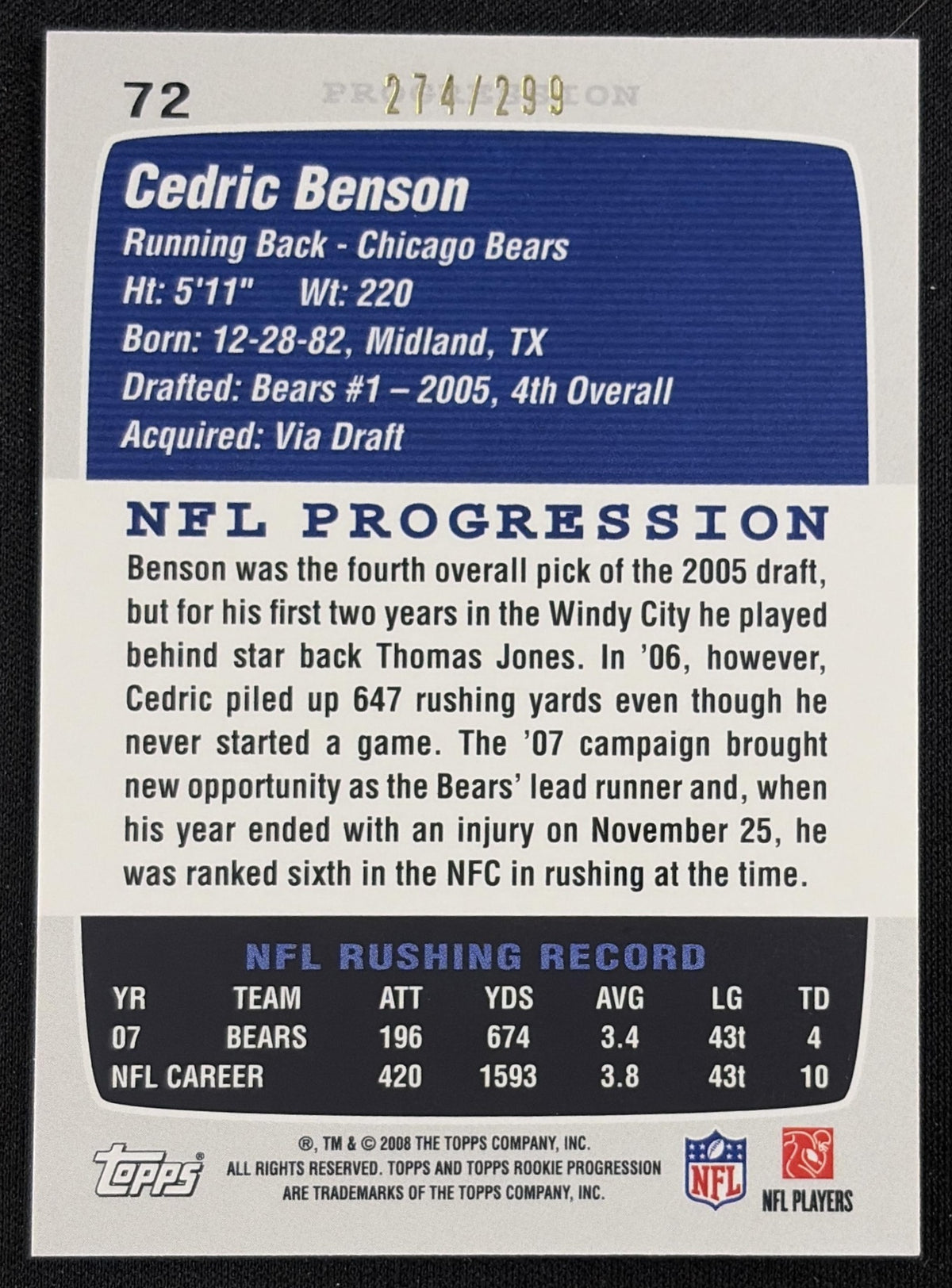 Cedric Benson 2008 Topps Rookie Progression Silver /299 Bears - Back