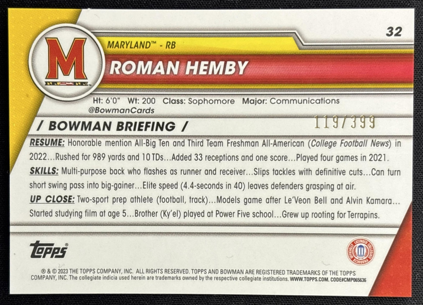 Roman Hemby 2023 Bowman University Chrome Purple Refractor /399 back