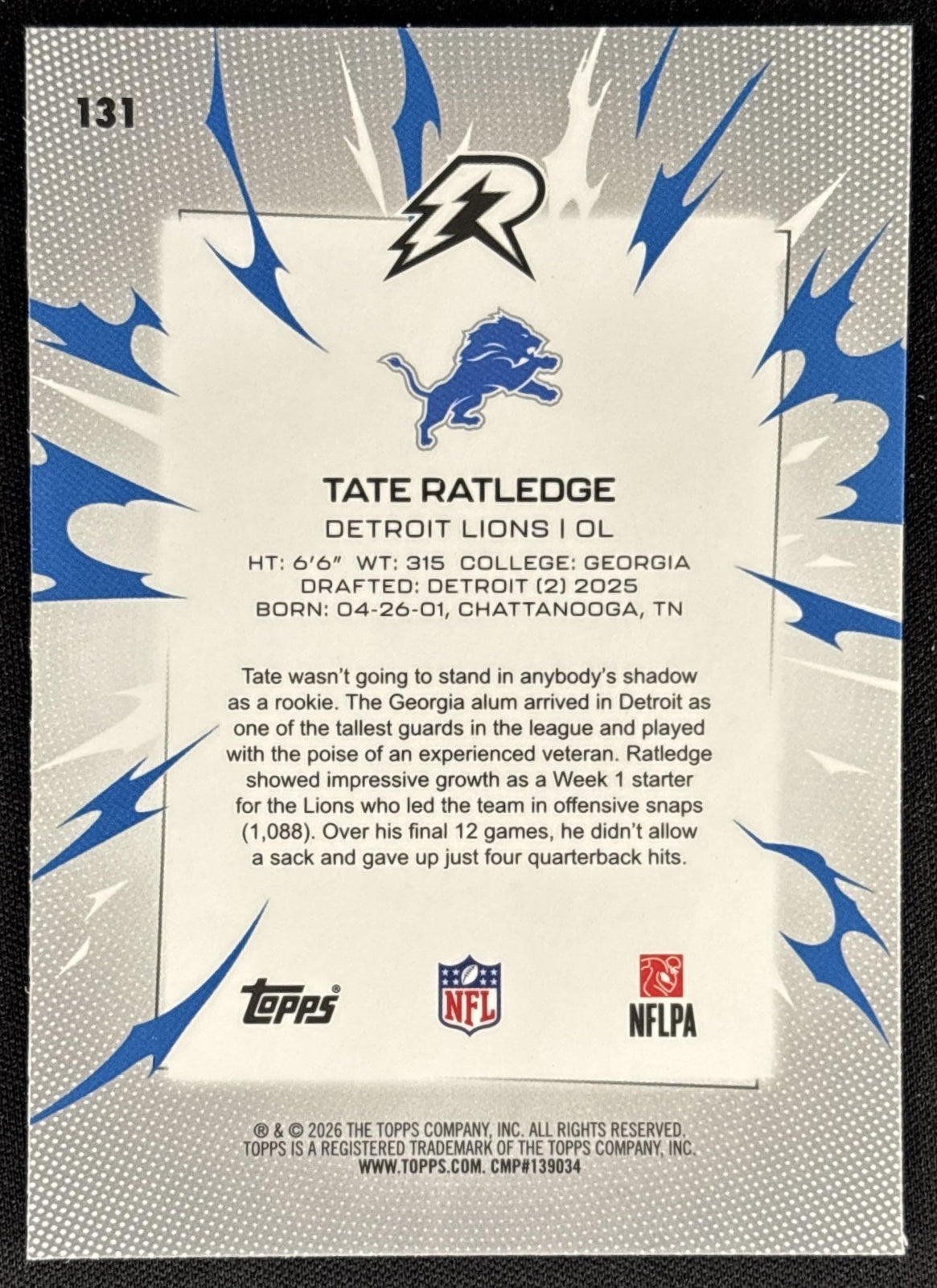 Tate Ratledge 2025 Topps Resurgence Blue and Orange Spark Refractor Lions