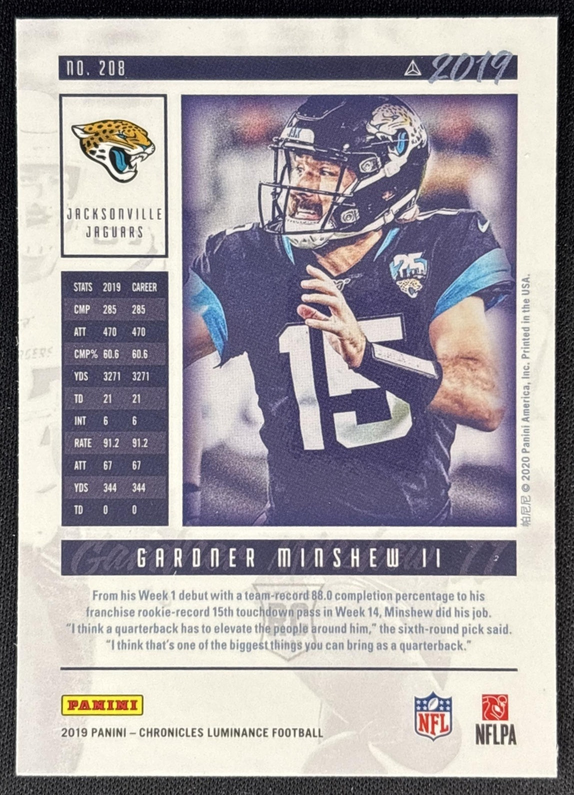 Gardner Minshew II 2019 Panini Chronicles Luminance Update Rookies Jaguars back
