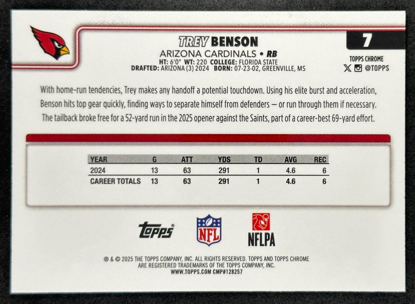 Trey Benson 2025 Topps Chrome Purple Lava Refractor /75 Cardinals
