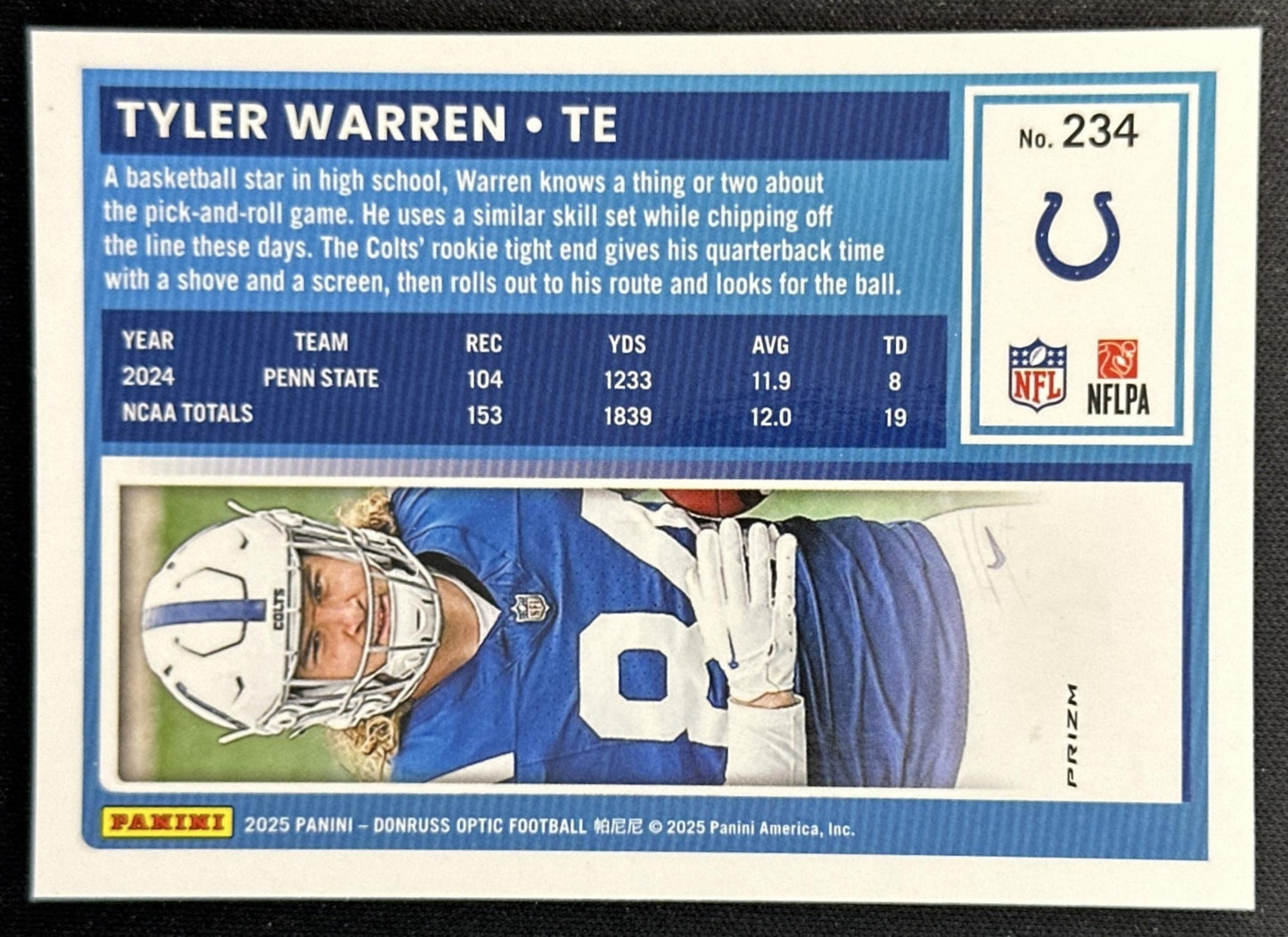 Tyler Warren 2025 Panini Donruss Optic Rated Rookie Holo Prizm Colts