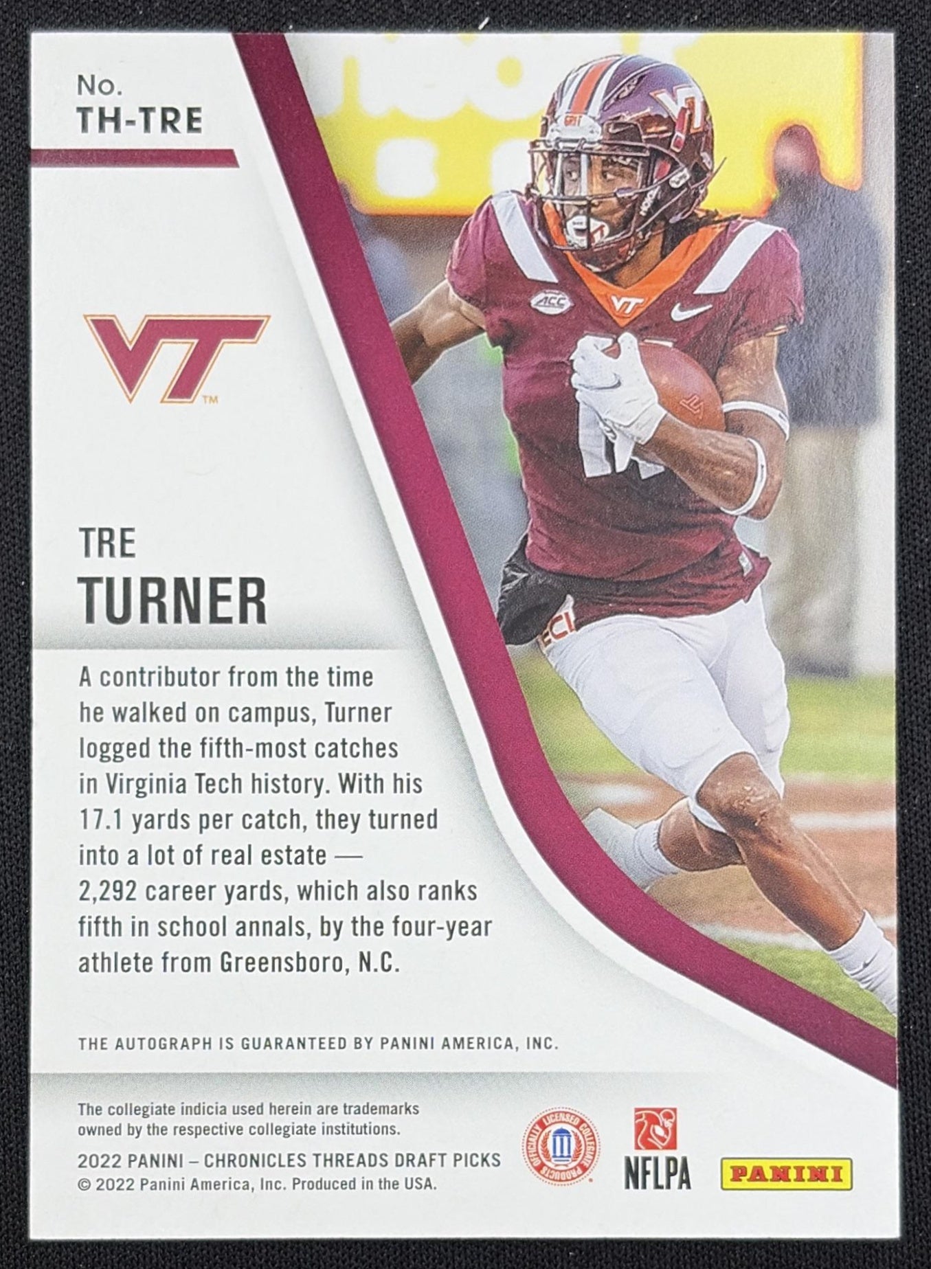 Tre Turner 2022 Panini Chronicles Draft Picks Threads Rookie Signatures Hokies