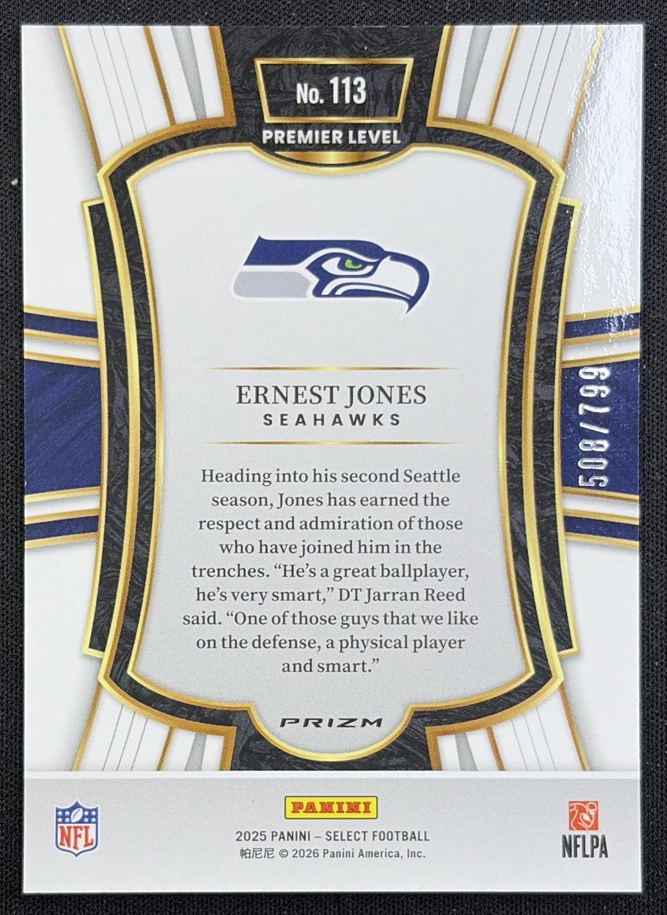 Ernest Jones 2025 Panini Select Premier Level White Prizm Shock /799 Seahawks back