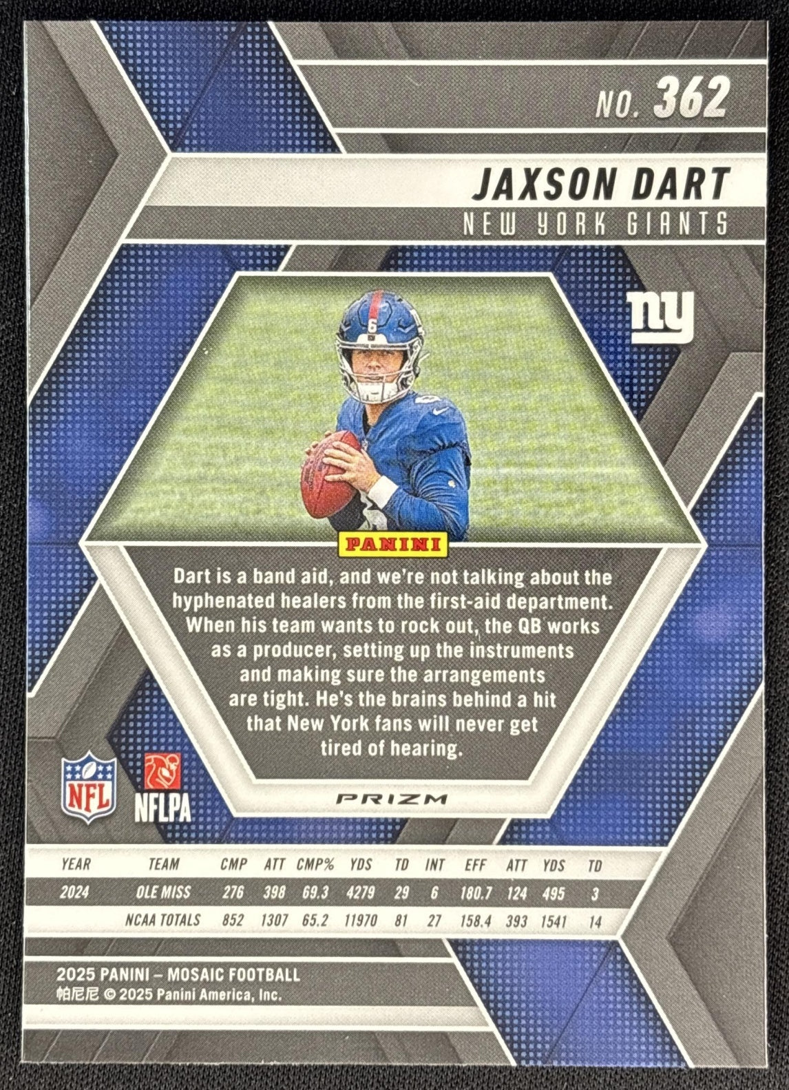 Jaxson Dart 2025 Panini Mosaic Rookies Reactive Purple Prizm Giants back