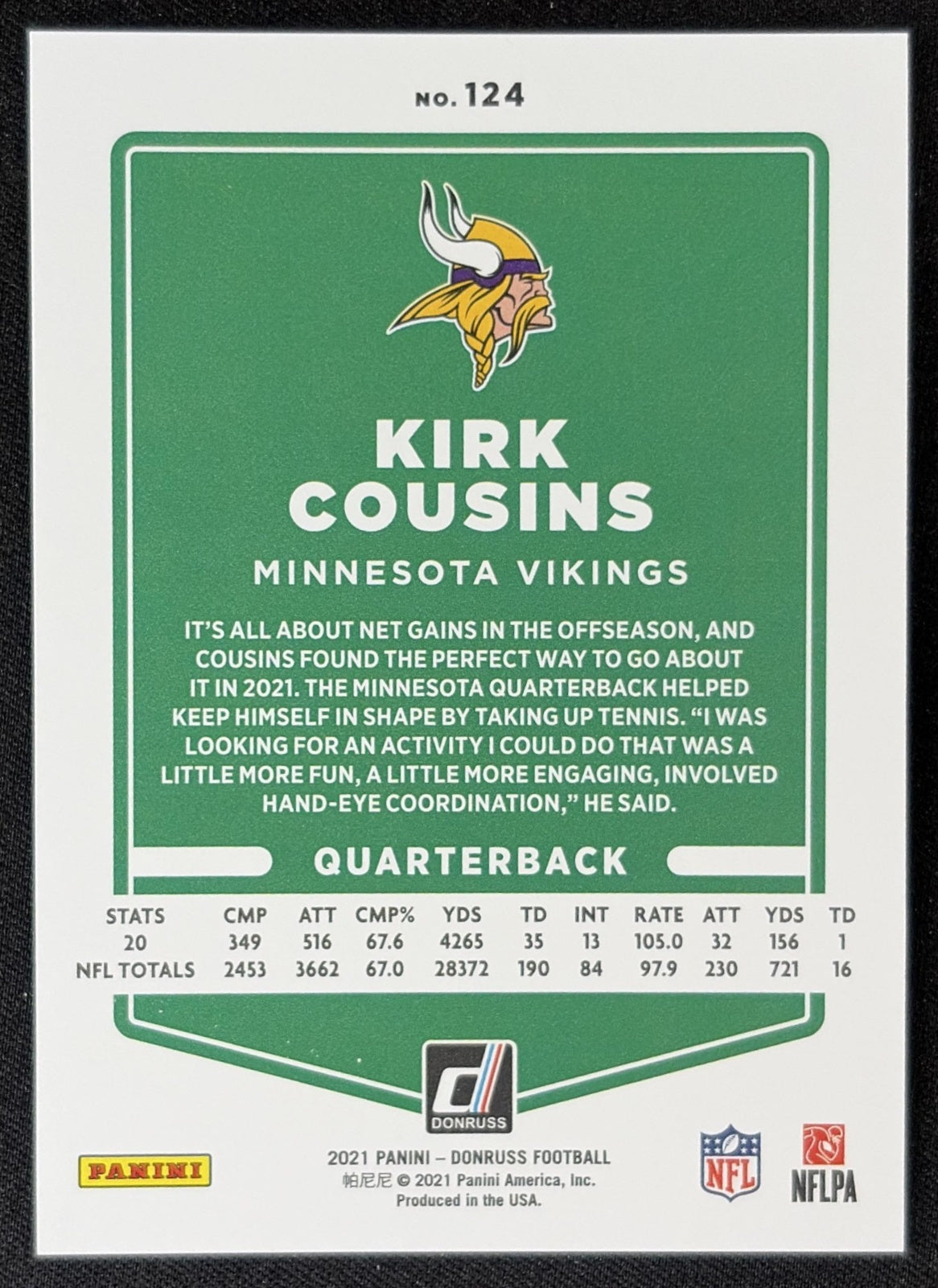 Kirk Cousins 2021 Panini Donruss Press Proof Premium Vikings - Minnesota Vikings