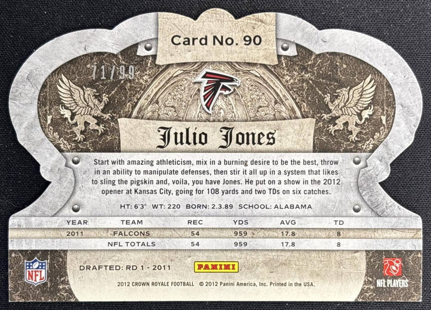 Julio Jones 2012 Panini Crown Royale Gold /99 Falcons back