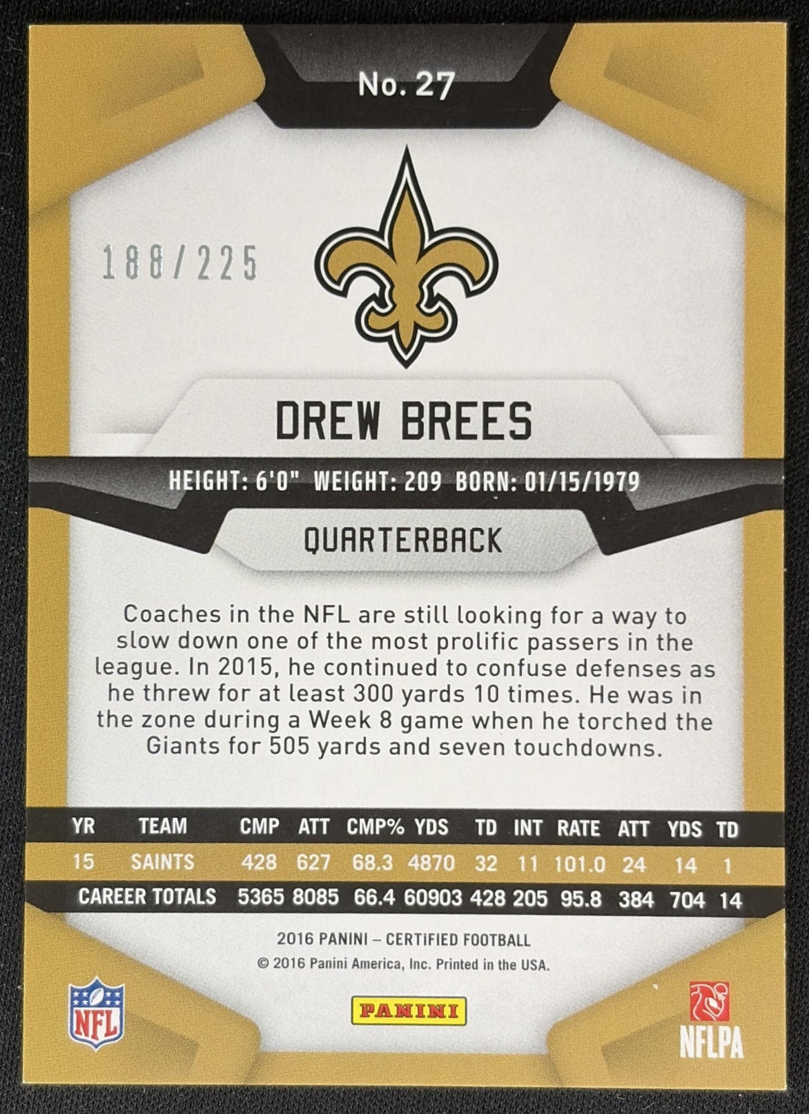 Drew Brees 2016 Panini Certified Mirror Orange /225 Saints Sports Trading Cards
