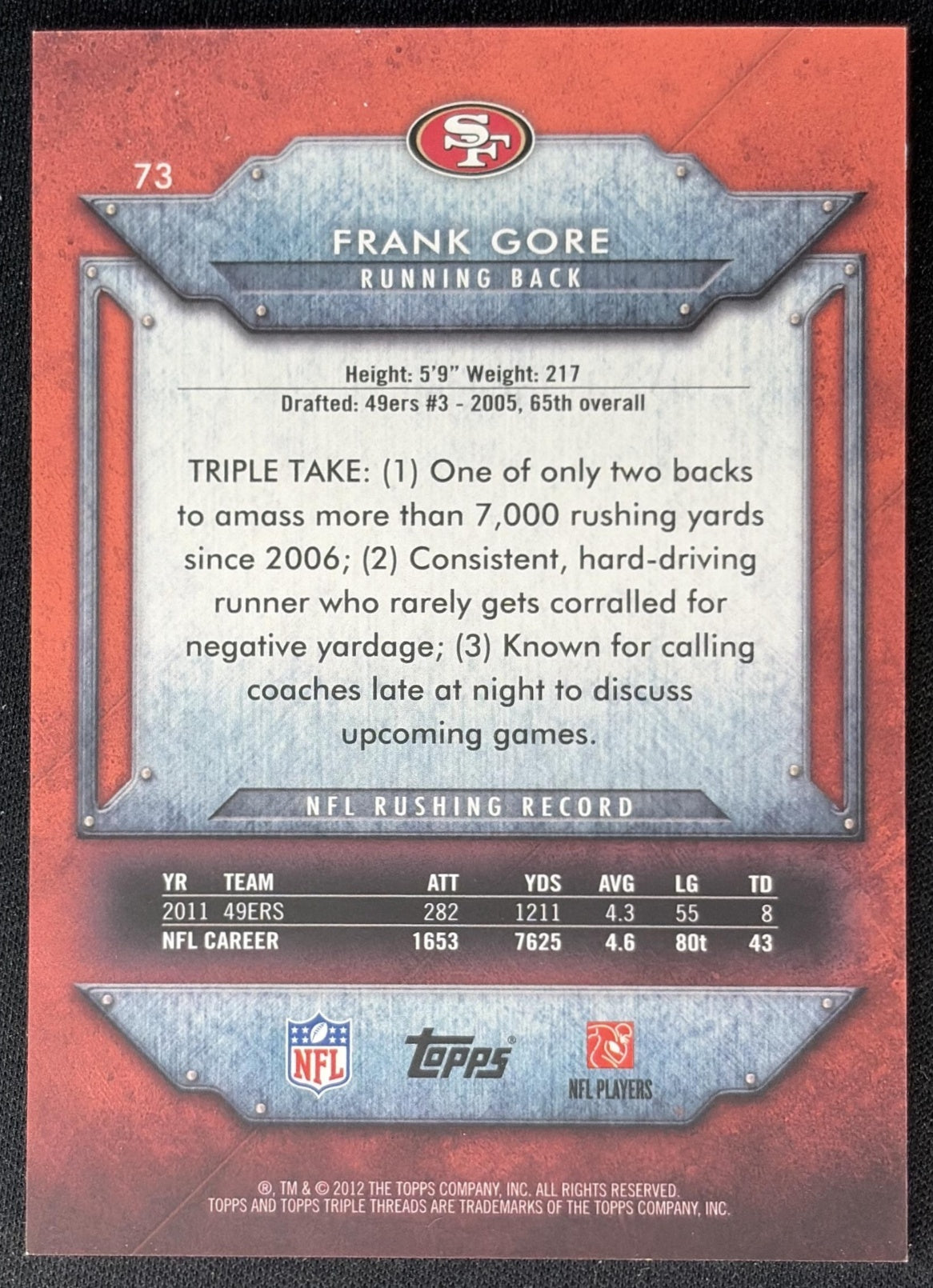 Frank Gore 2012 Topps Triple Threads /989 49ers Sports Trading Cards
