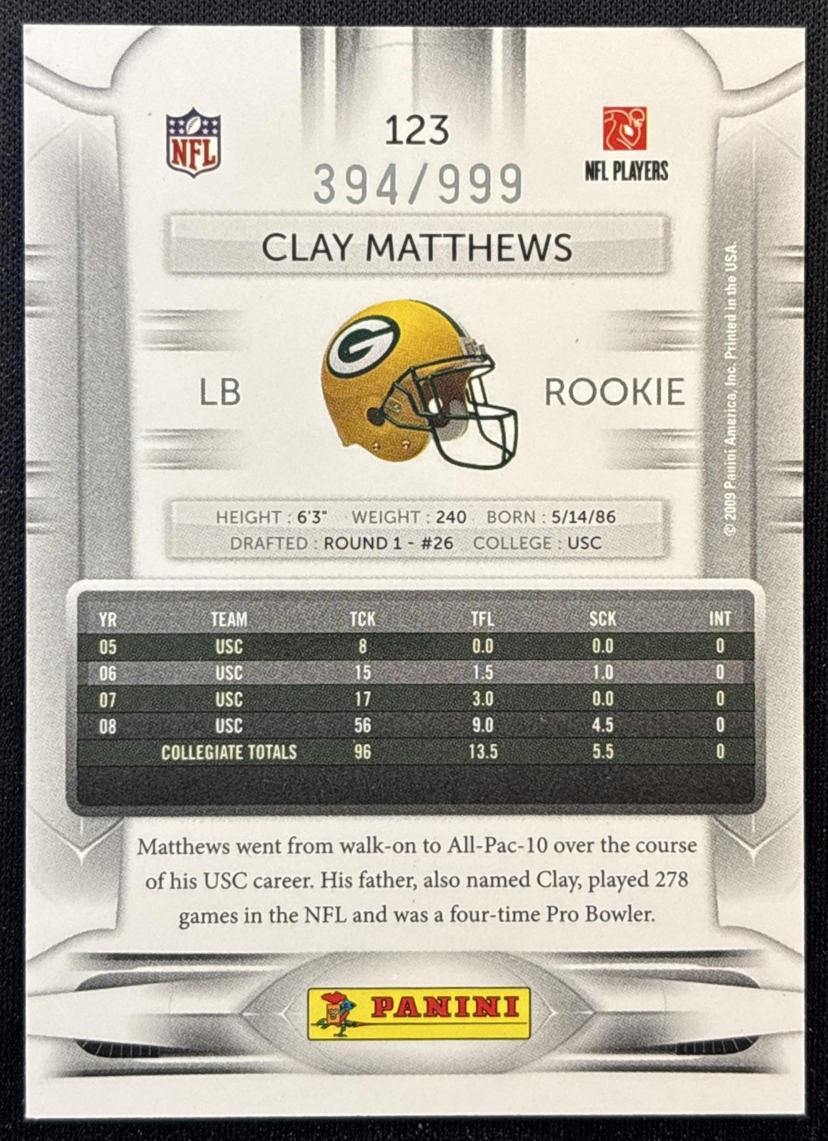 Clay Matthews 2009 Panini Playoff Prestige Draft Picks Light Blue /999 Packers back