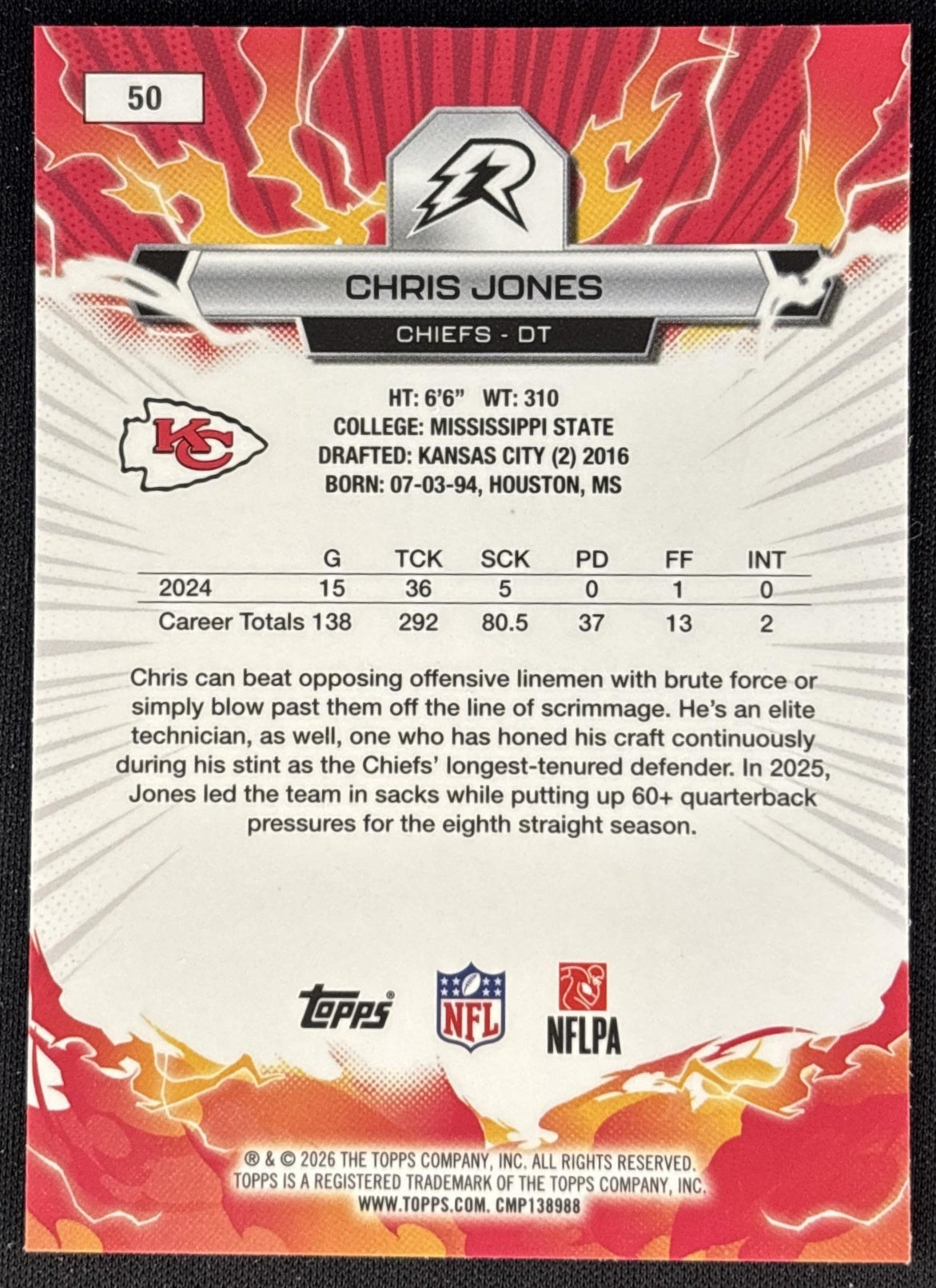 Chris Jones 2025 Topps Resurgence Chiefs Kansas City Chiefs back
