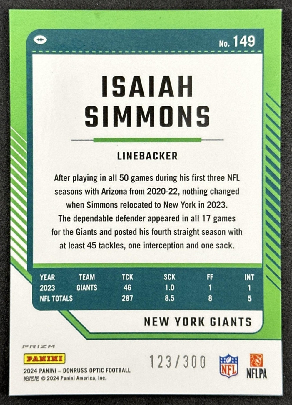 Isaiah Simmons 2024 Panini Donruss Optic Wave /300 Giants Sports Trading Cards