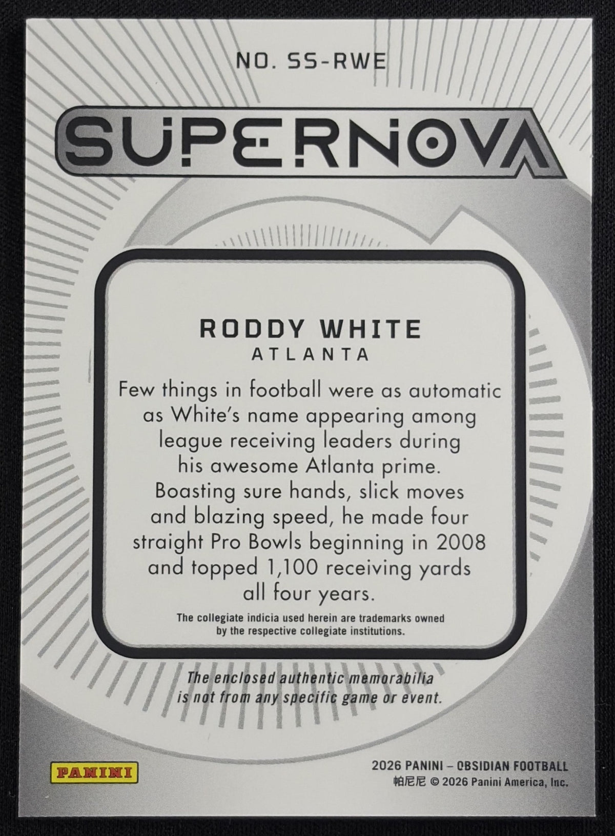 Roddy White 2026 Panini Obsidian Supernova Swatches Falcons Sports Trading Card