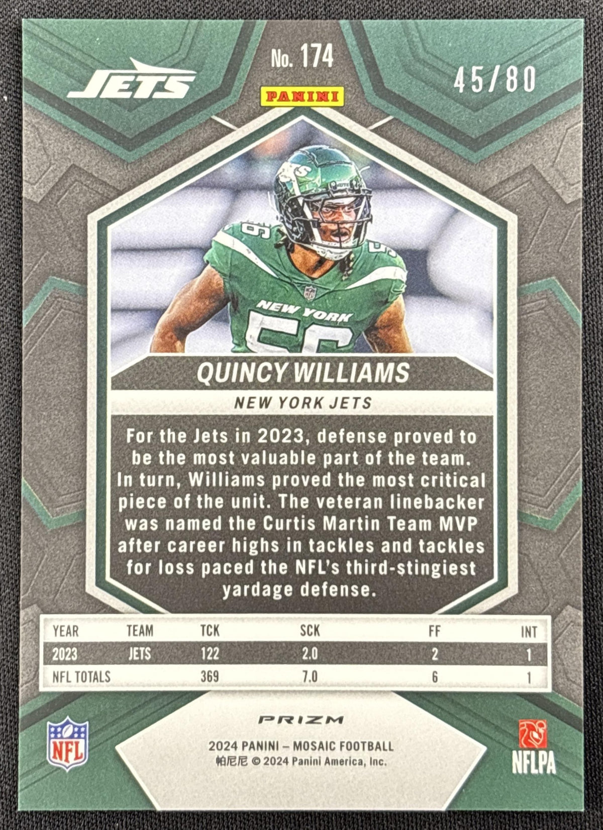 Quincy Williams 2024 Panini Mosaic Choice Fusion Red and Yellow Prizm /80 Jets