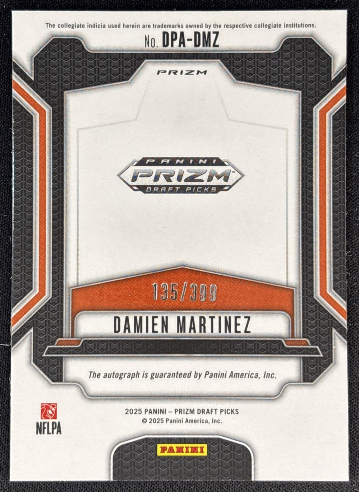 Damien Martinez 2025 Panini Prizm Draft Picks Auto Red /399 Hurricanes back