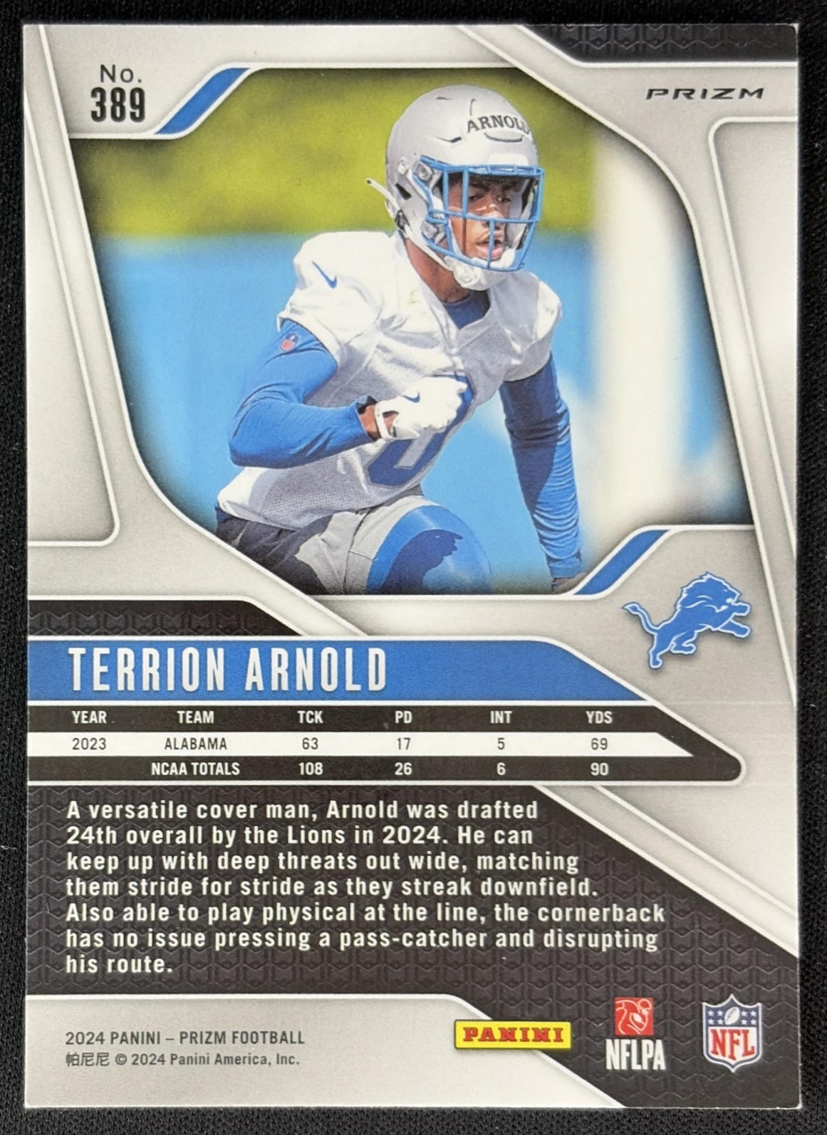 Terrion Arnold 2024 Panini Prizm Green Wave Lions back