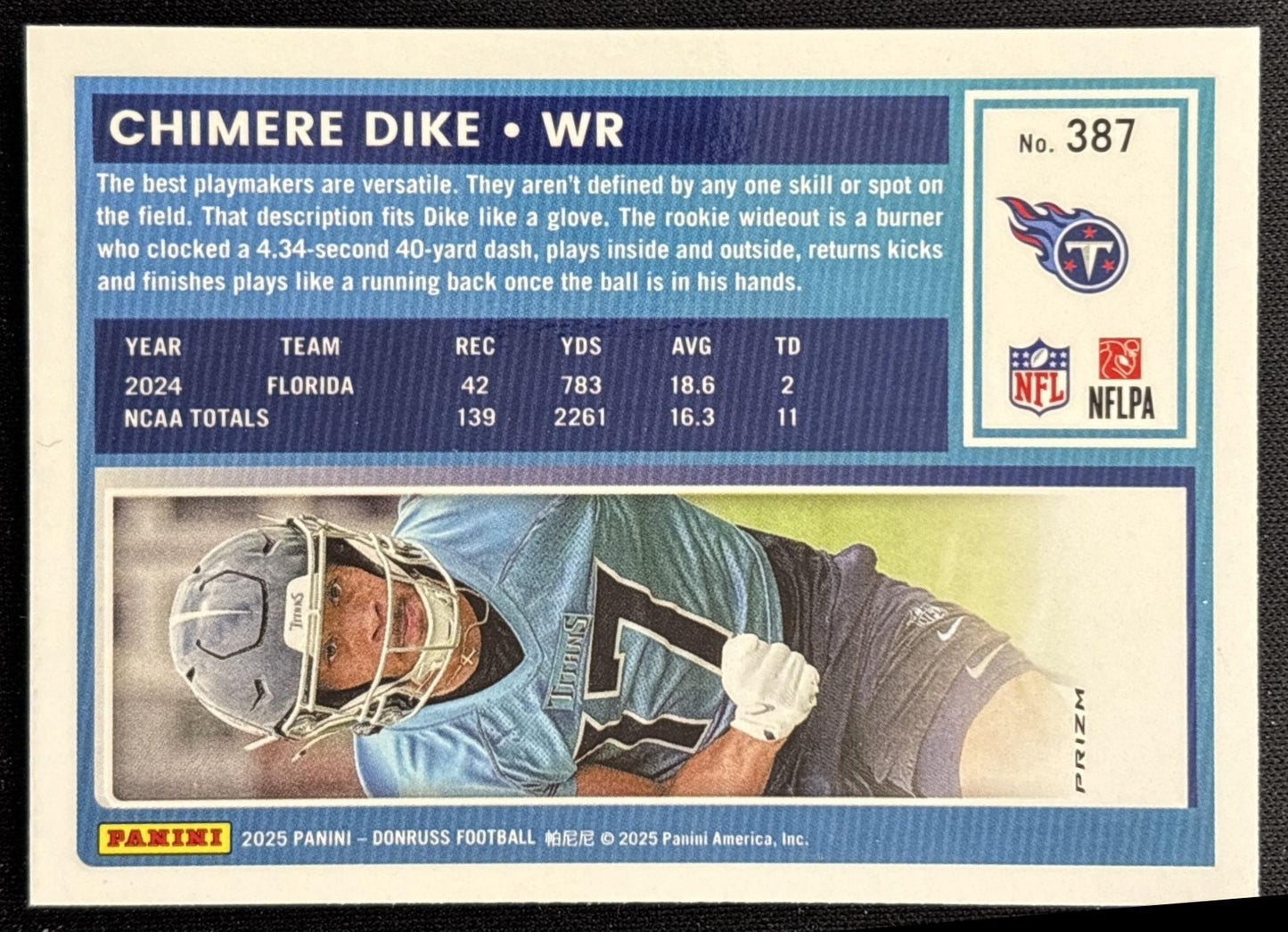 Chimere Dike 2025 Panini Donruss Optic Rated Rookie Preview Pink Titans - Back