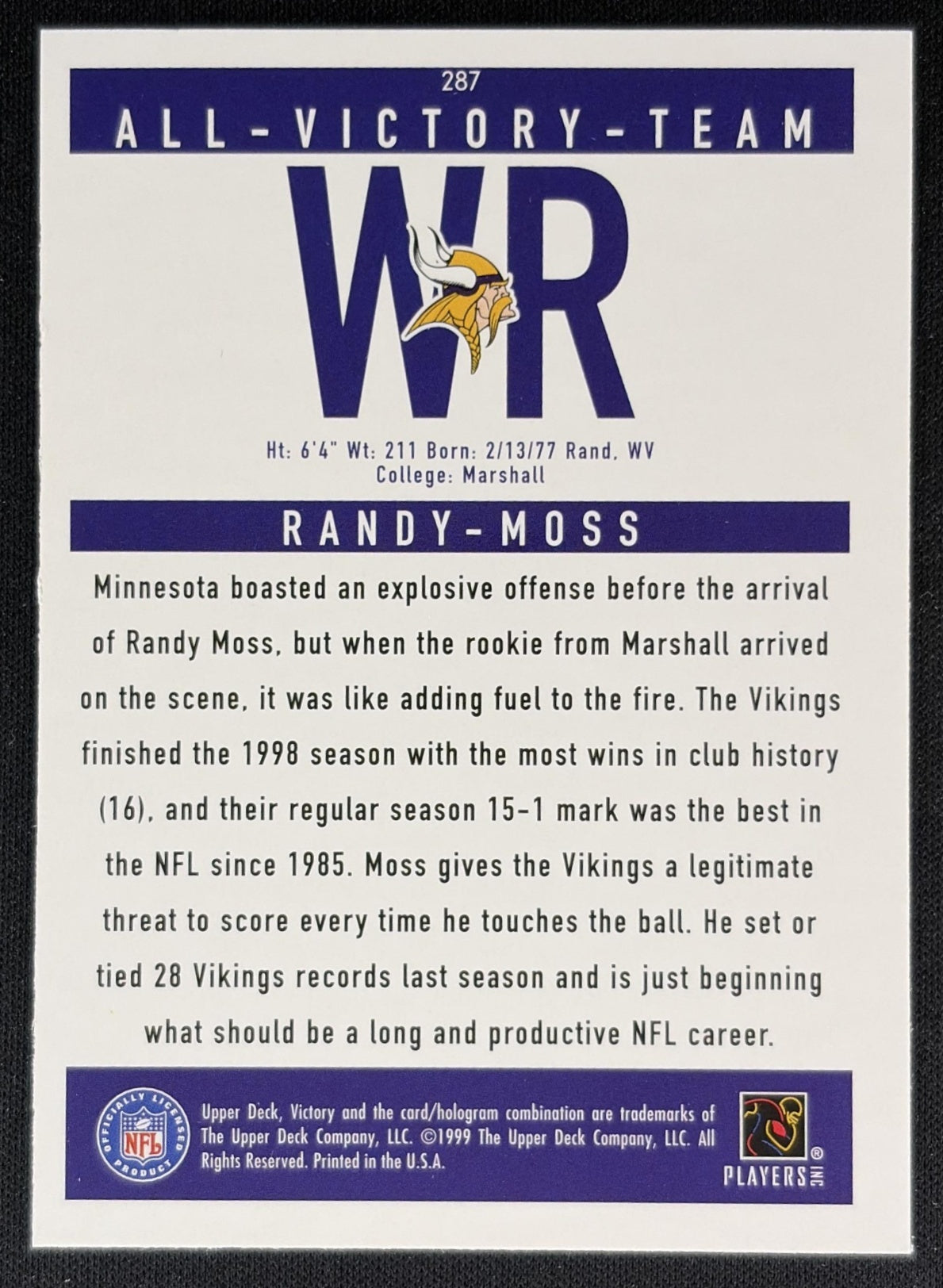 Randy Moss 1999 Upper Deck Victory Vikings back
