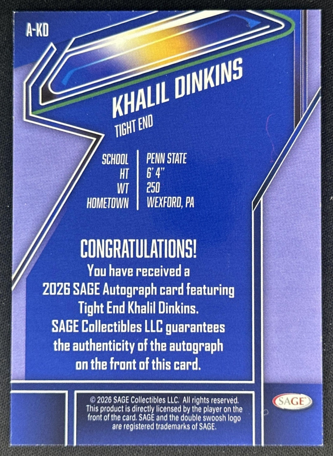 Khalil Dinkins 2025 SAGE Auto Penn State 49ers Sports Trading Cards
