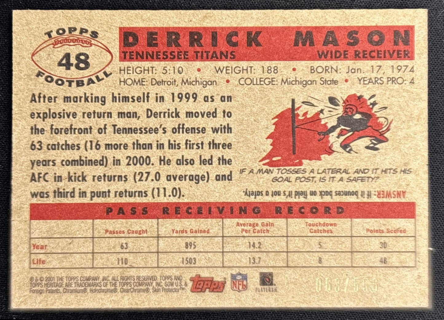 Derrick Mason 2001 Topps Heritage Retrofractor /556 Titans back