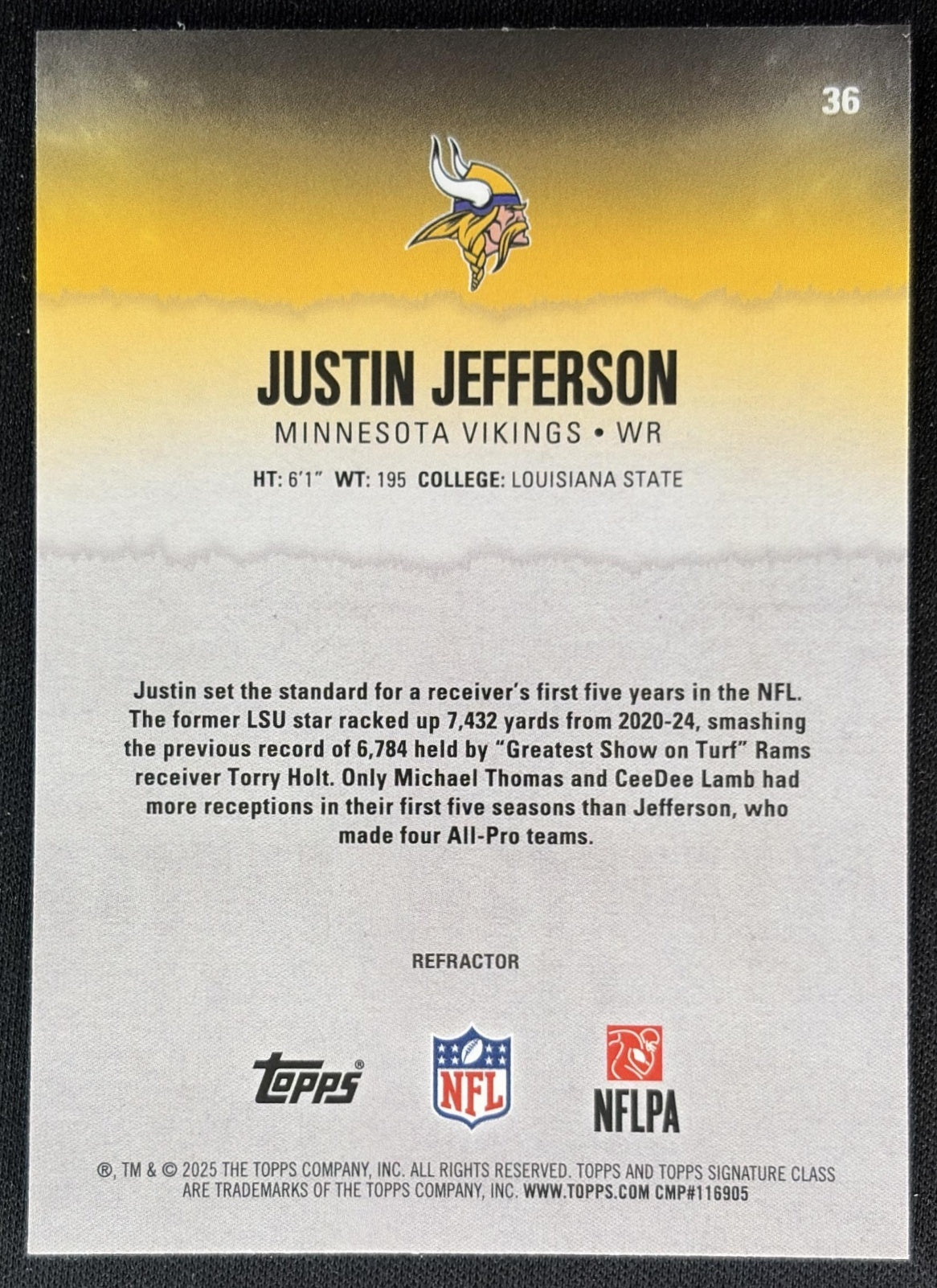 Justin Jefferson 2025 Signature Class Chrome Veteran White Refractor Vikings back