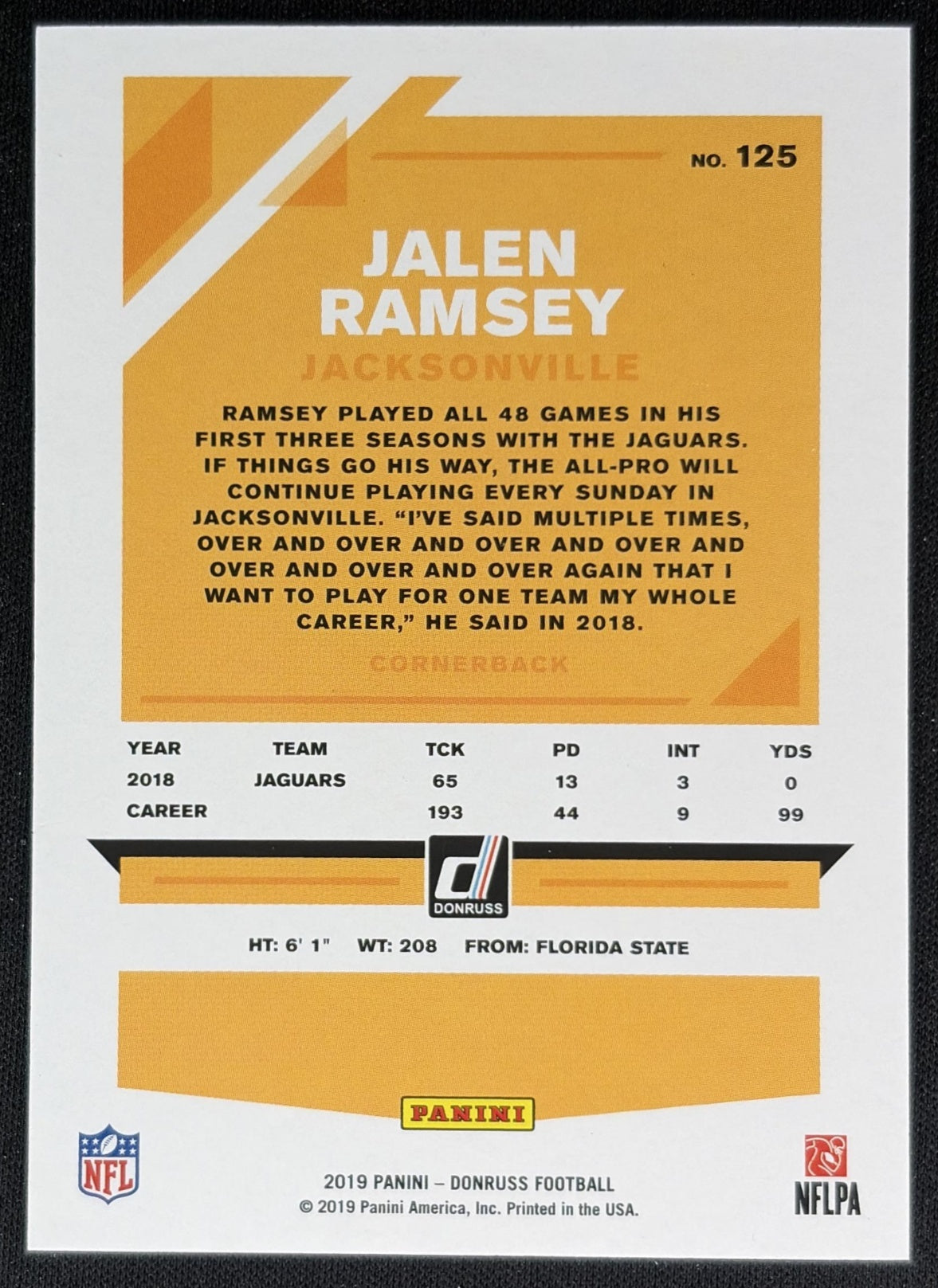 Jalen Ramsey 2019 Panini Donruss Press Proof Silver /100 Jaguars back