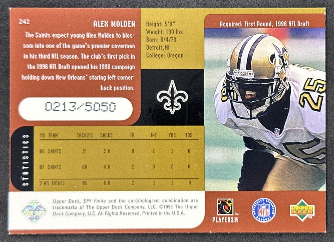 Alex Molden 1998 SPx Finite Radiance /5050 Saints Sports Trading Cards