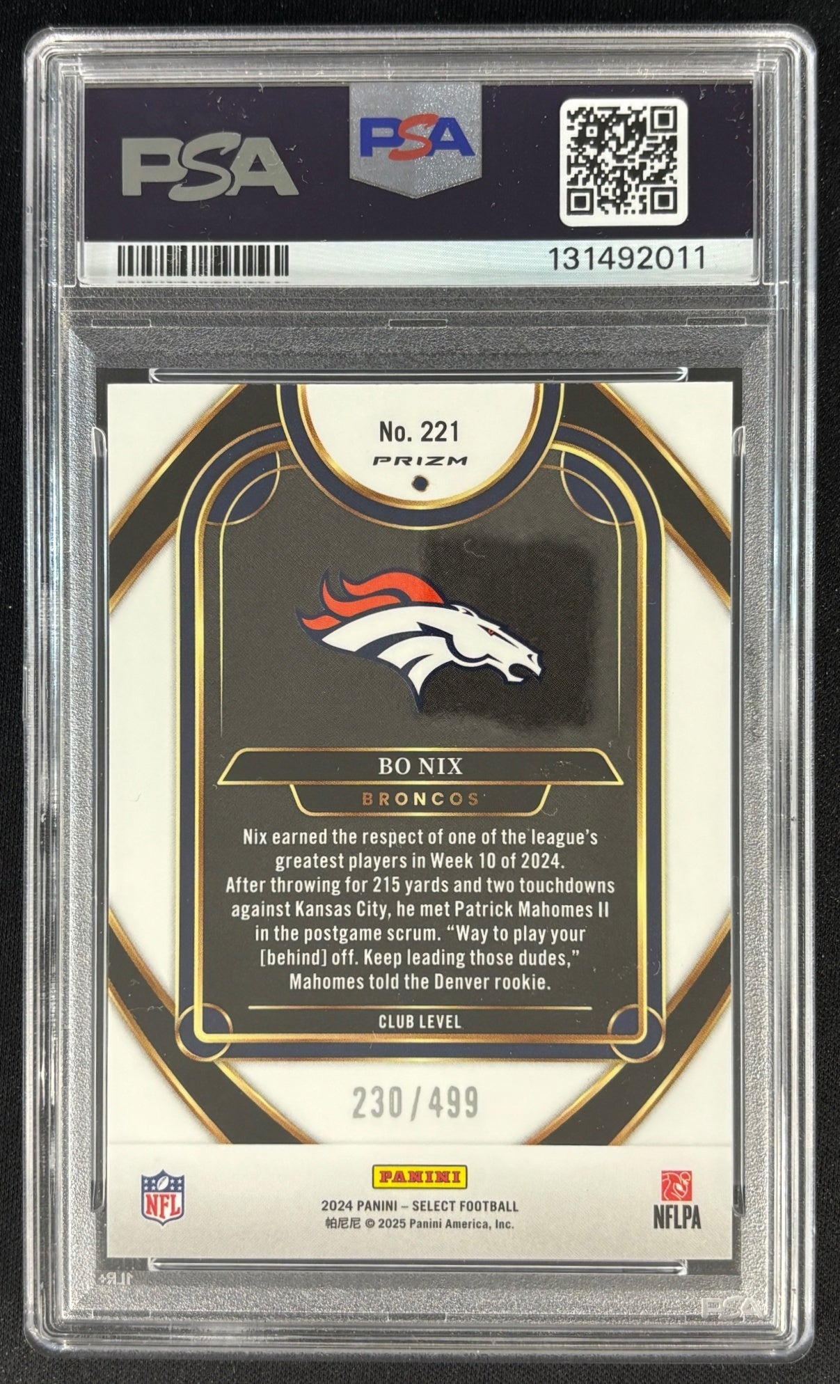 Bo Nix 2024 Select Club Neon Green Prizm Shock /499 PSA 10 Rookie Broncos - Back (Wayne Collection)