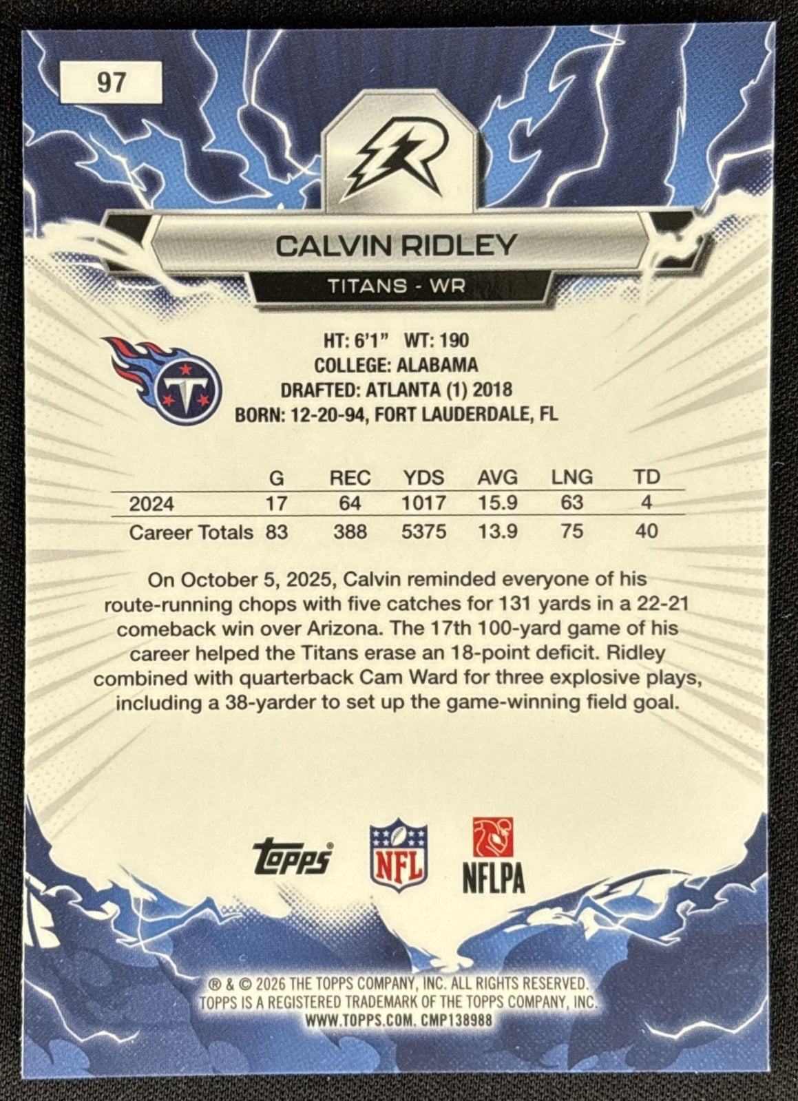 Calvin Ridley 2025 Topps Resurgence Blue and Orange Spark Refractor Titans