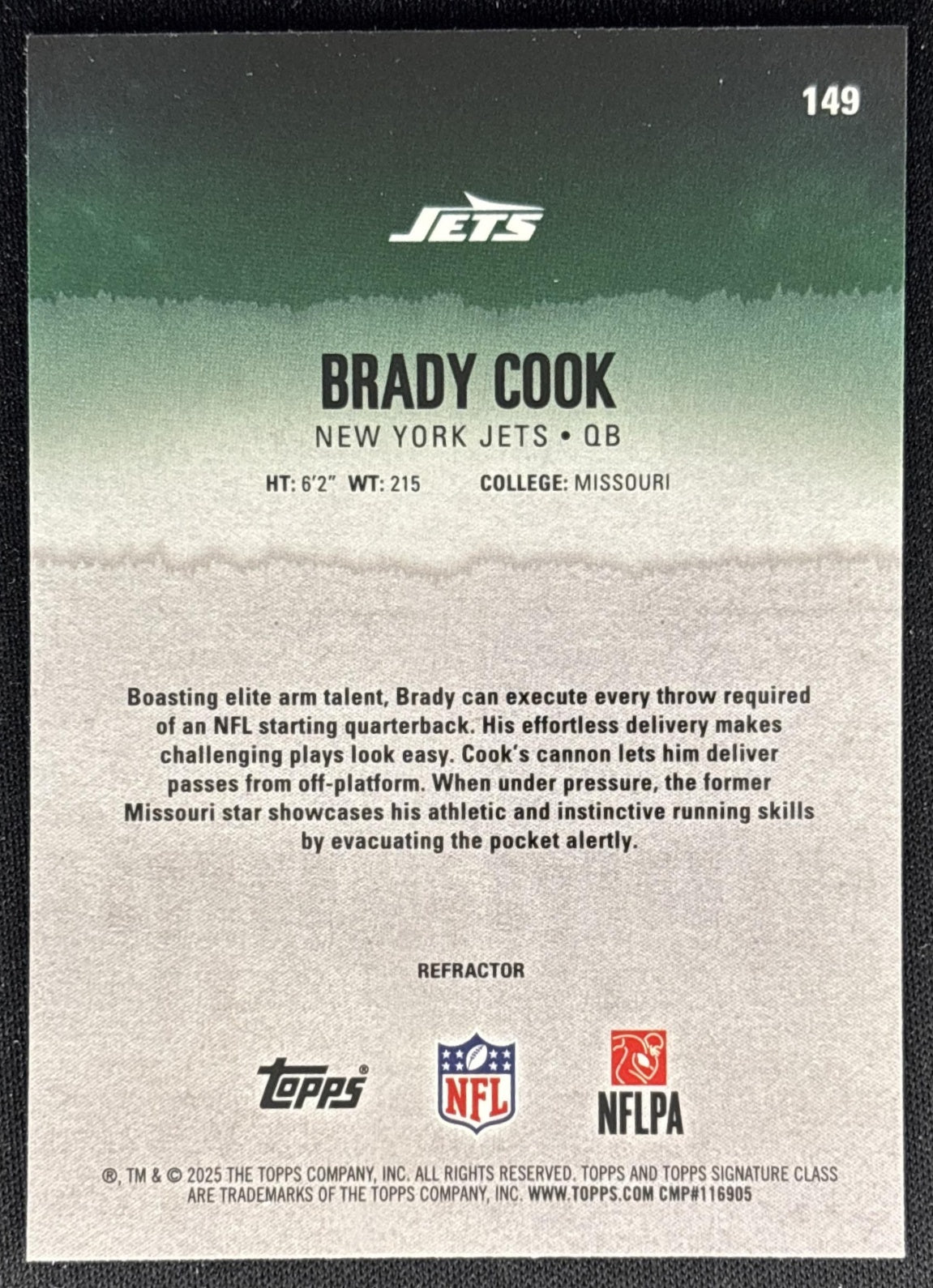 Brady Cook 2025 Topps Signature Class Chrome Rookie White Refractor Jets Sports Trading Cards