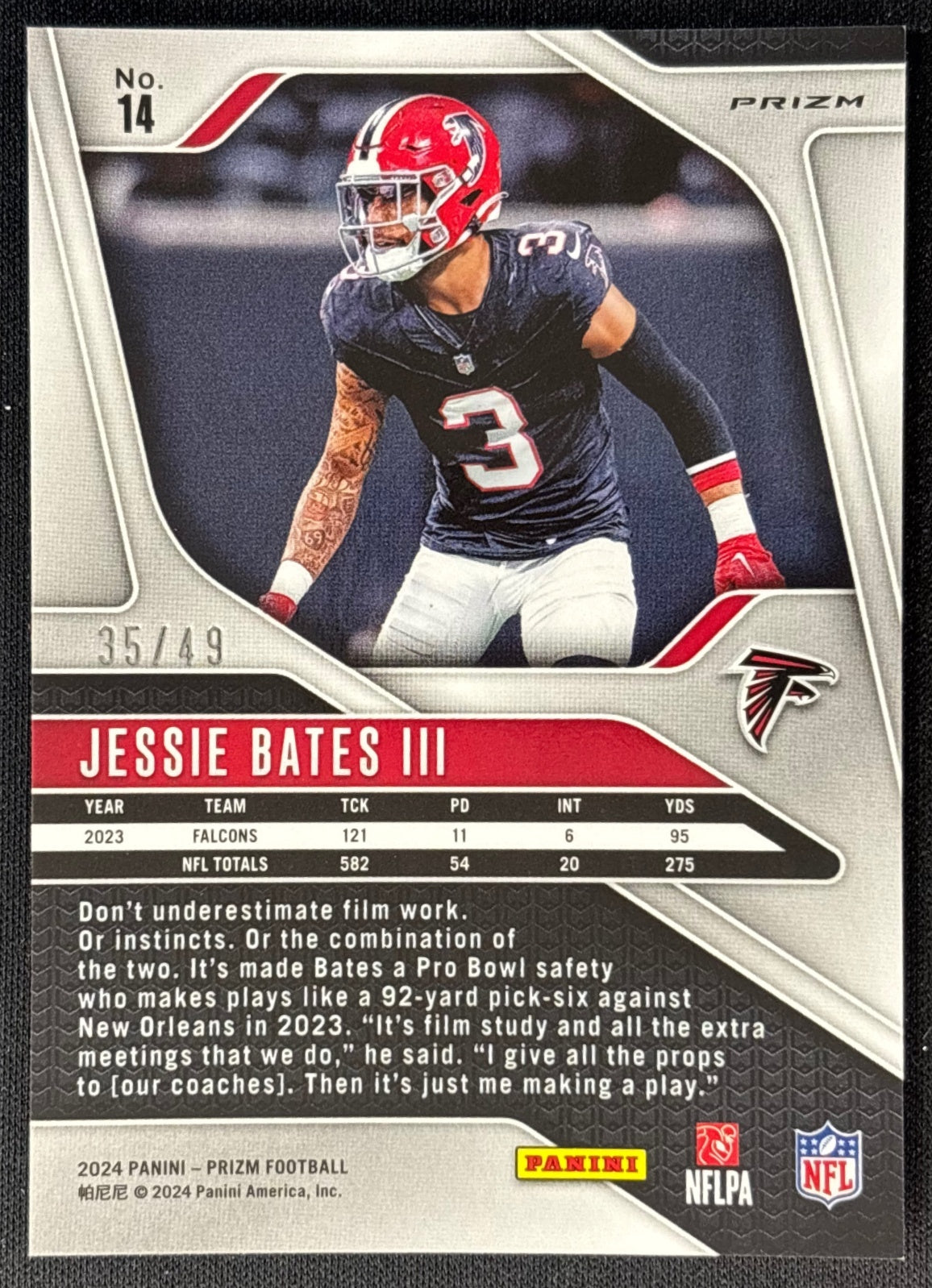 Jessie Bates III 2024 Prizm Purple Power /49 Falcons back | Wayne Collection