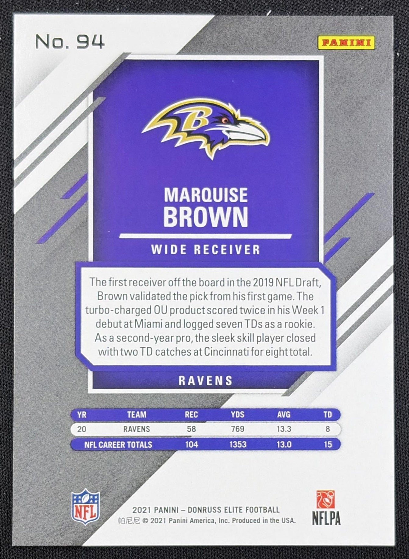 Marquise Brown 2021 Panini Donruss Elite Status Explosion /275 Ravens