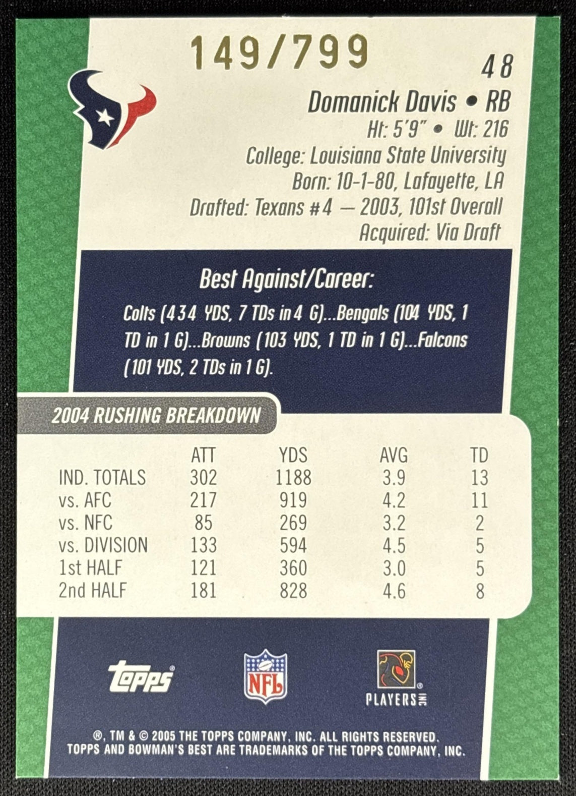 Domanick Davis 2005 Bowman's Best Green /799 Texans Sports Trading Cards