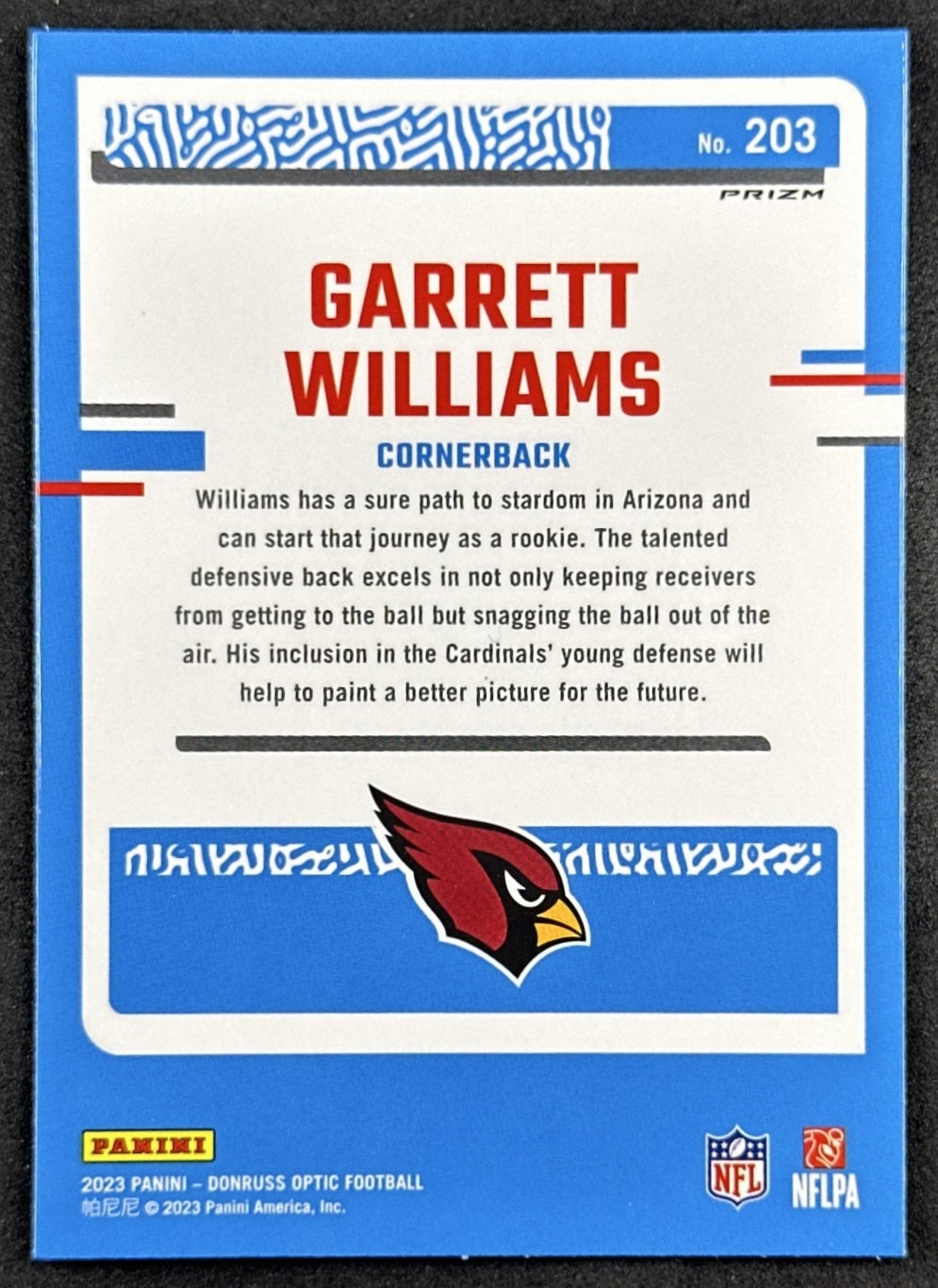 Garrett Williams 2023 Panini Donruss Optic Blue Scope Prizm Cardinals Back