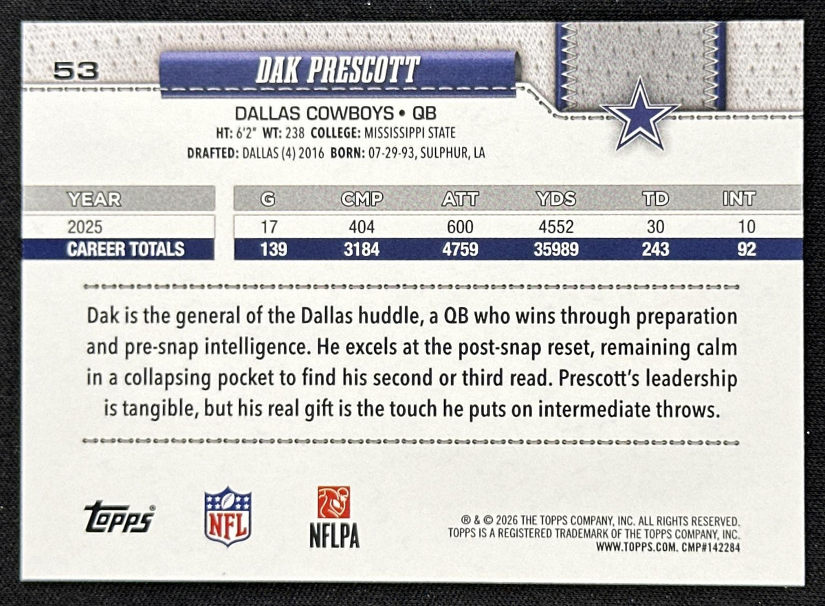 Dak Prescott 2026 Topps Flagship Fanatics Foil Cowboys
