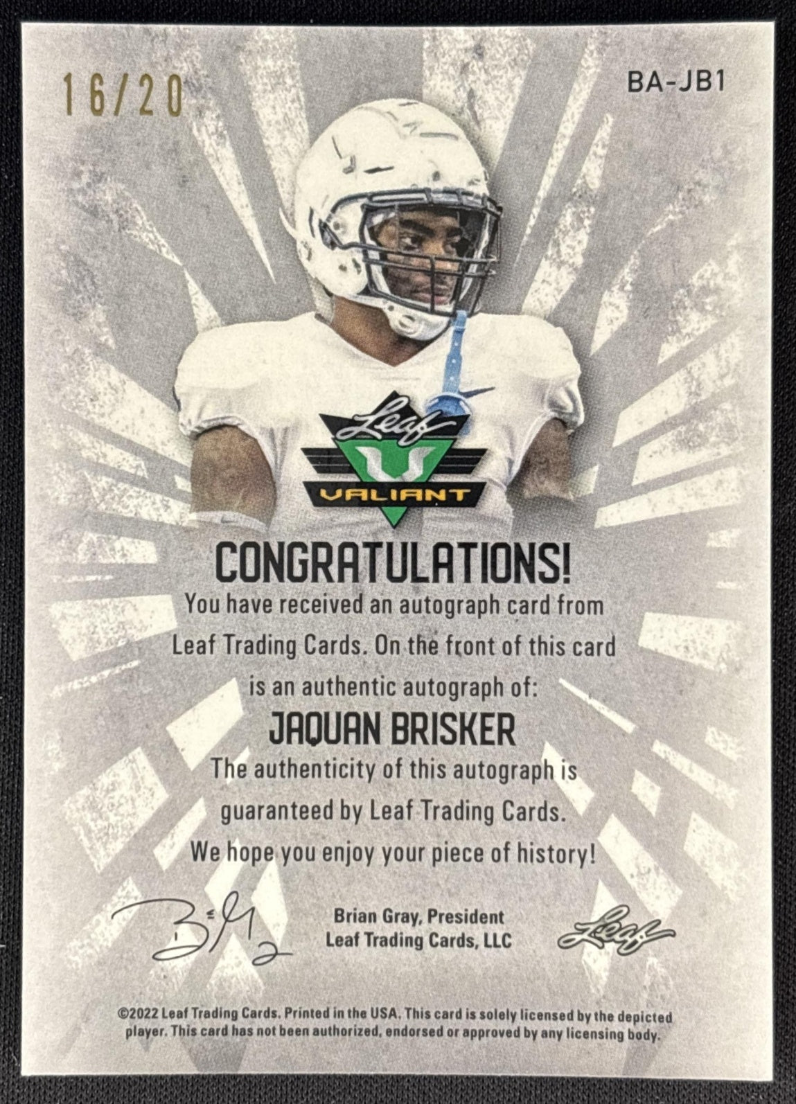 Jaquan Brisker 2022 Leaf Valiant Auto /40 Steelers back