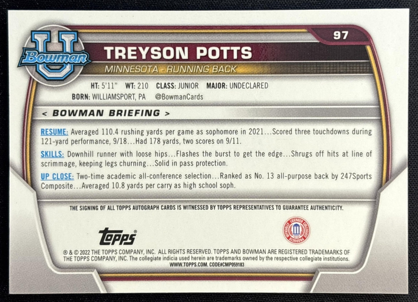 Treyson Potts 2022 Bowman University Chrome Prospect Auto back