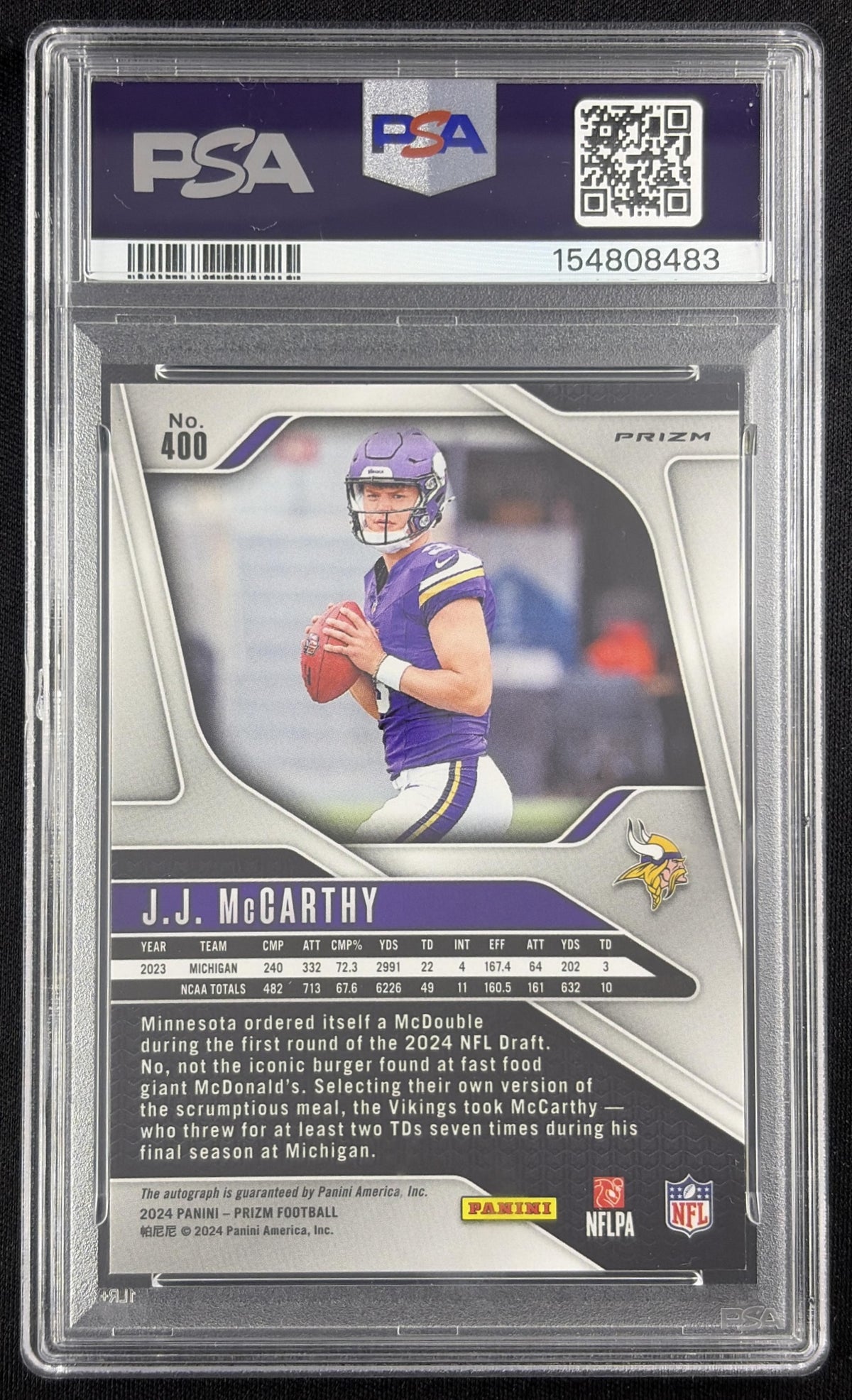 J.J. McCarthy 2024 Panini Prizm Auto Silver PSA 9 Vikings