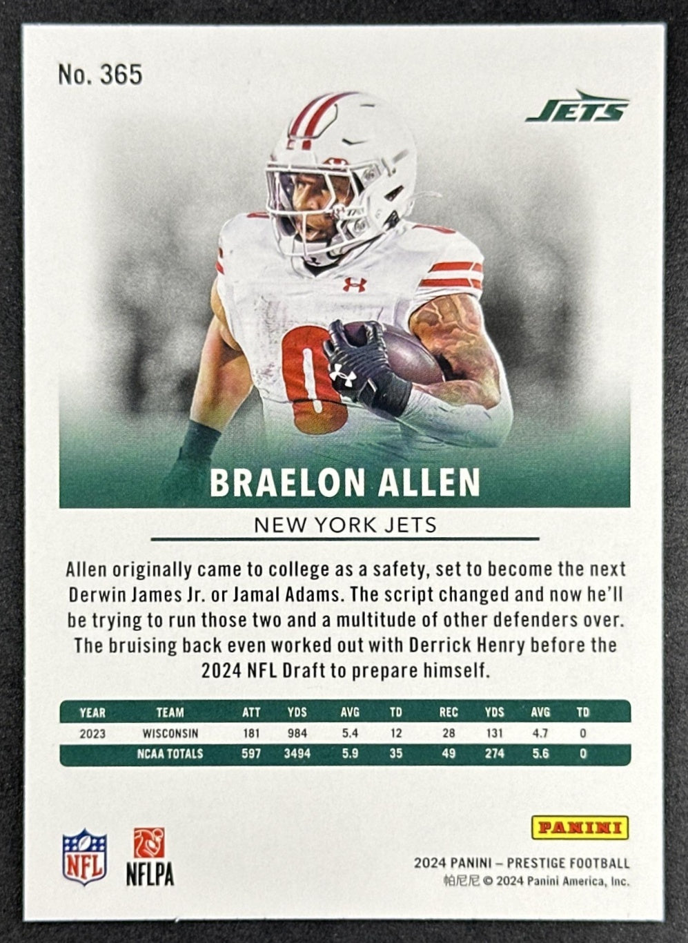 Braelon Allen 2024 Panini Prestige Diamond Xtra Points Jets Sports Trading Card